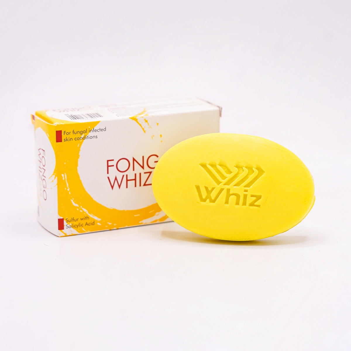 Fongo Whiz Bar, 85 gm, For Fungal Infected Skin Conditions, containing Sulfur with Salicylic Acid, in a white box with an orange and yellow abstract design