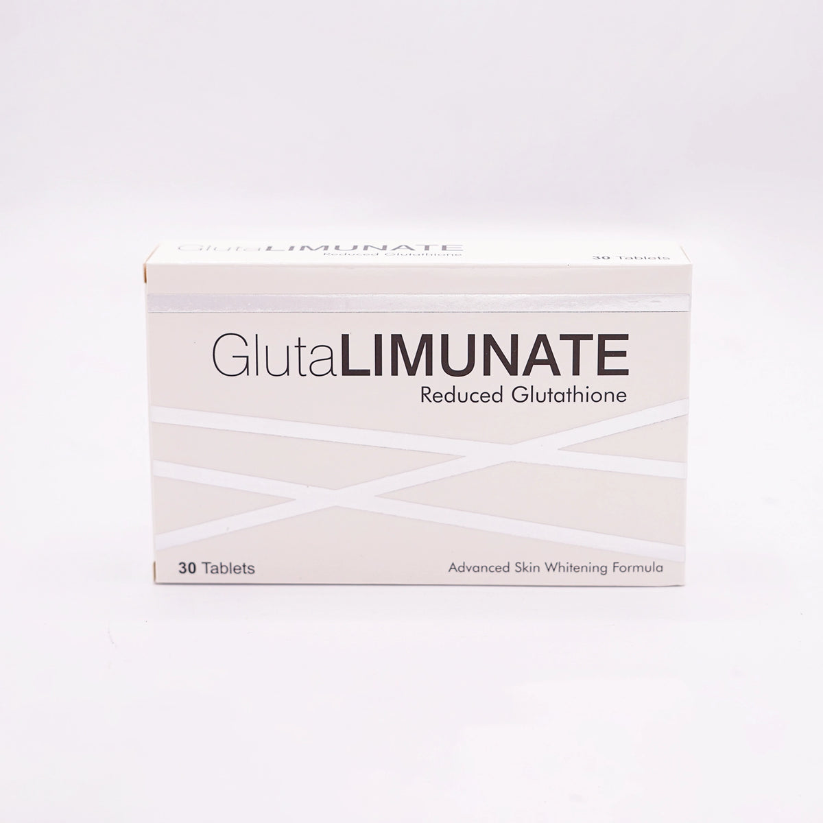 GlutaLIMUNATE Reduced Glutathione, Advanced Skin Whitening Formula, 30 Tablets, in a white box with white stripes.