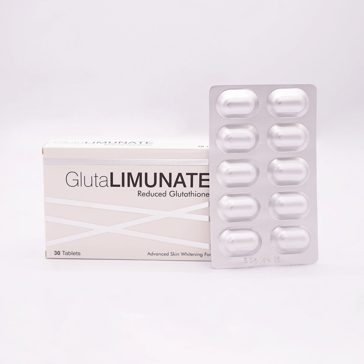 GlutaLIMUNATE Reduced Glutathione, Advanced Skin Whitening Formula, 30 Tablets, in a white box with white stripes, and a silver blister pack containing 10 tablets.