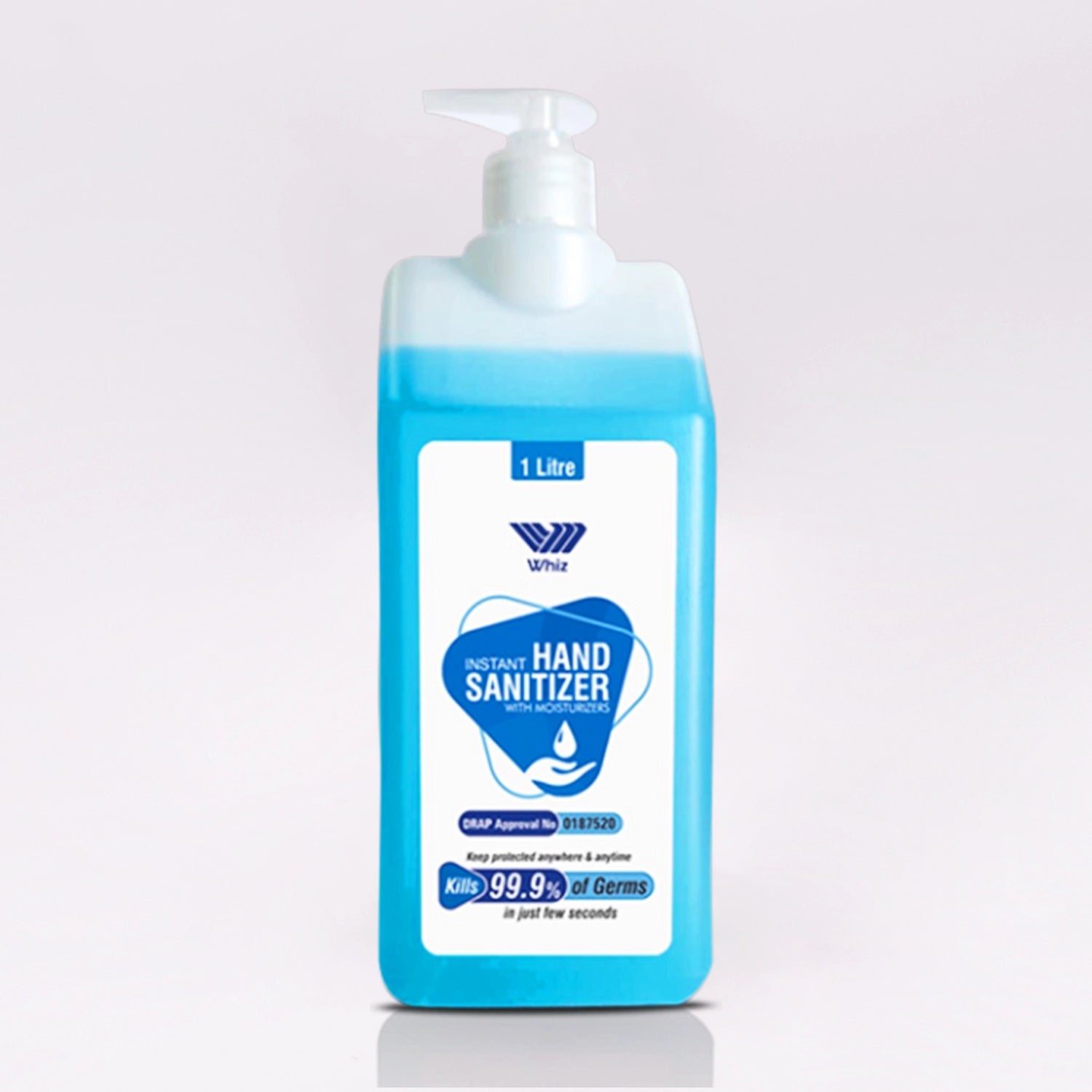 Whiz Instant Hand Sanitizer with Moisturizers, 1 litre blue bottle with a white pump, on a white background.