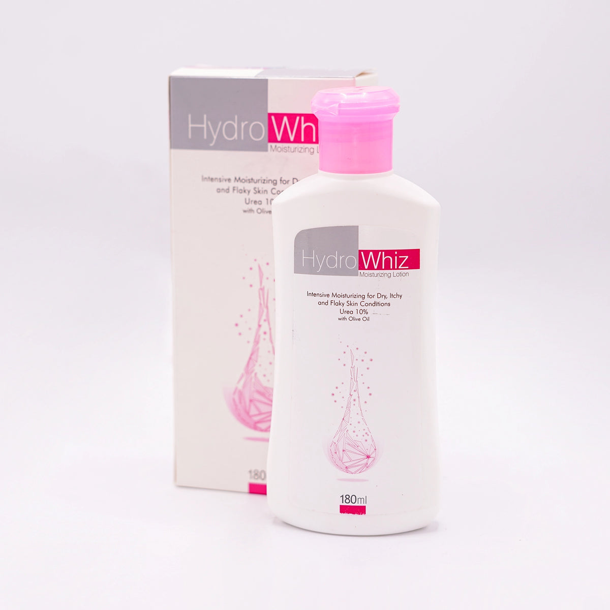 HydroWhiz Moisturizing Lotion, Intensive Moisturizing for Dry, Itchy and Flaky Skin Conditions, containing Urea 10% with Olive Oil, 180ml, in a white bottle with a pink cap and label
