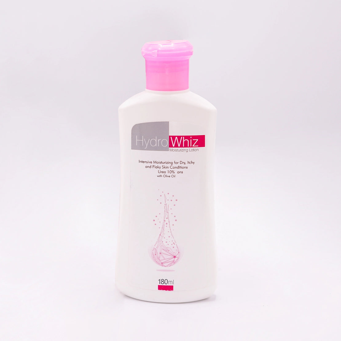 HydroWhiz Moisturizing Lotion, 180ml, in a white bottle with a pink cap and a pink and white label featuring a pink droplet design.