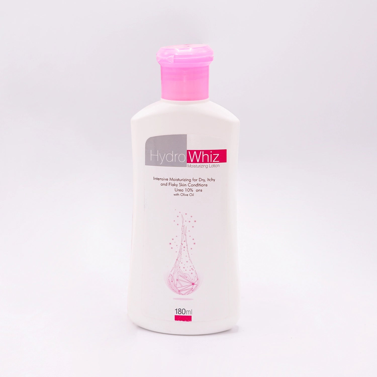 HydroWhiz Moisturizing Lotion, 180ml, in a white bottle with a pink cap and a pink and white label featuring a pink droplet design.