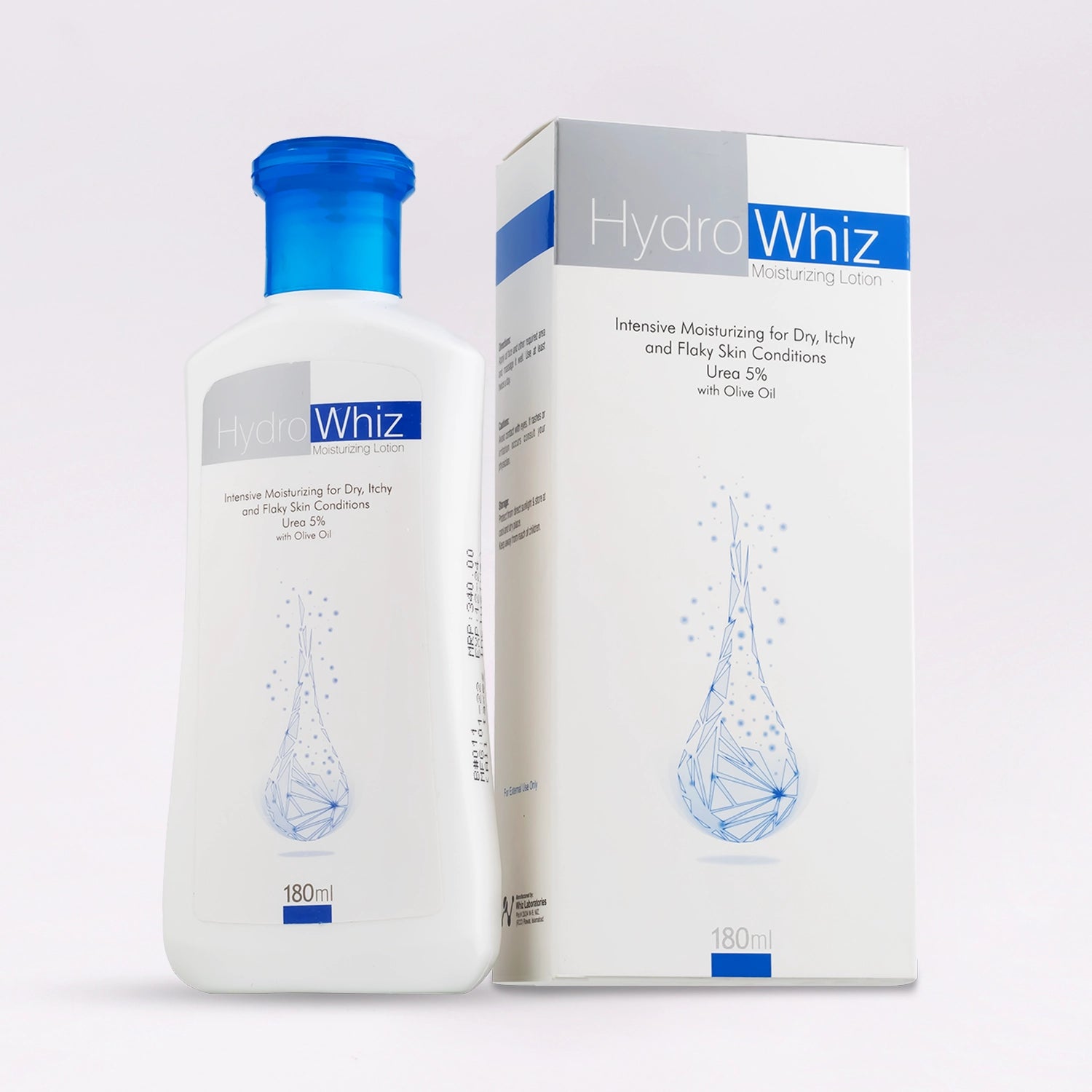HydroWhiz Moisturizing Lotion, designed for intensive moisturizing of dry, itchy, and flaky skin conditions with 5% Urea and Olive Oil.