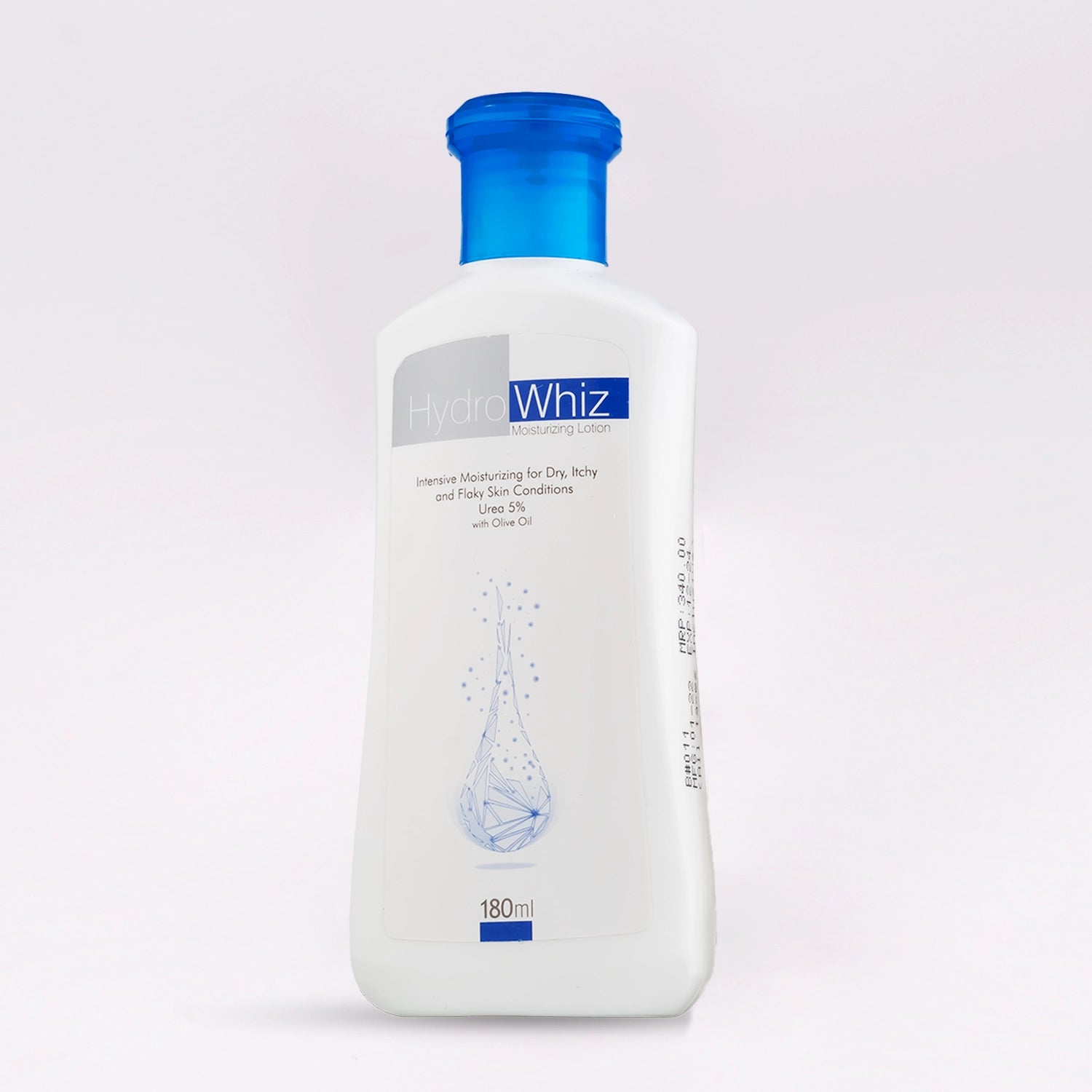 HydroWhiz Moisturizing Lotion, 180ml white bottle with a blue cap and its matching white and grey box