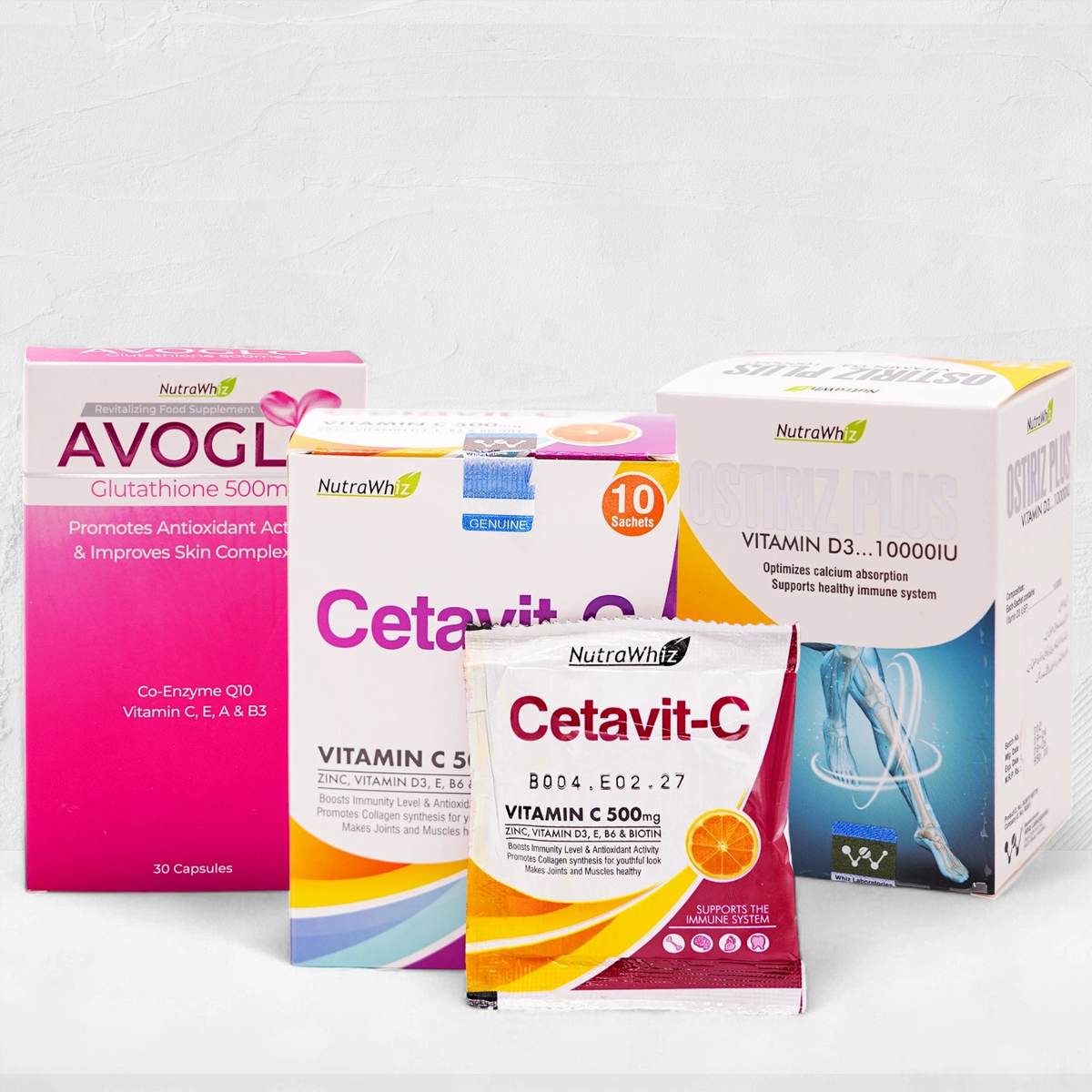 A collection of dietary supplements designed to support overall wellness, immune function, and skin vitality.