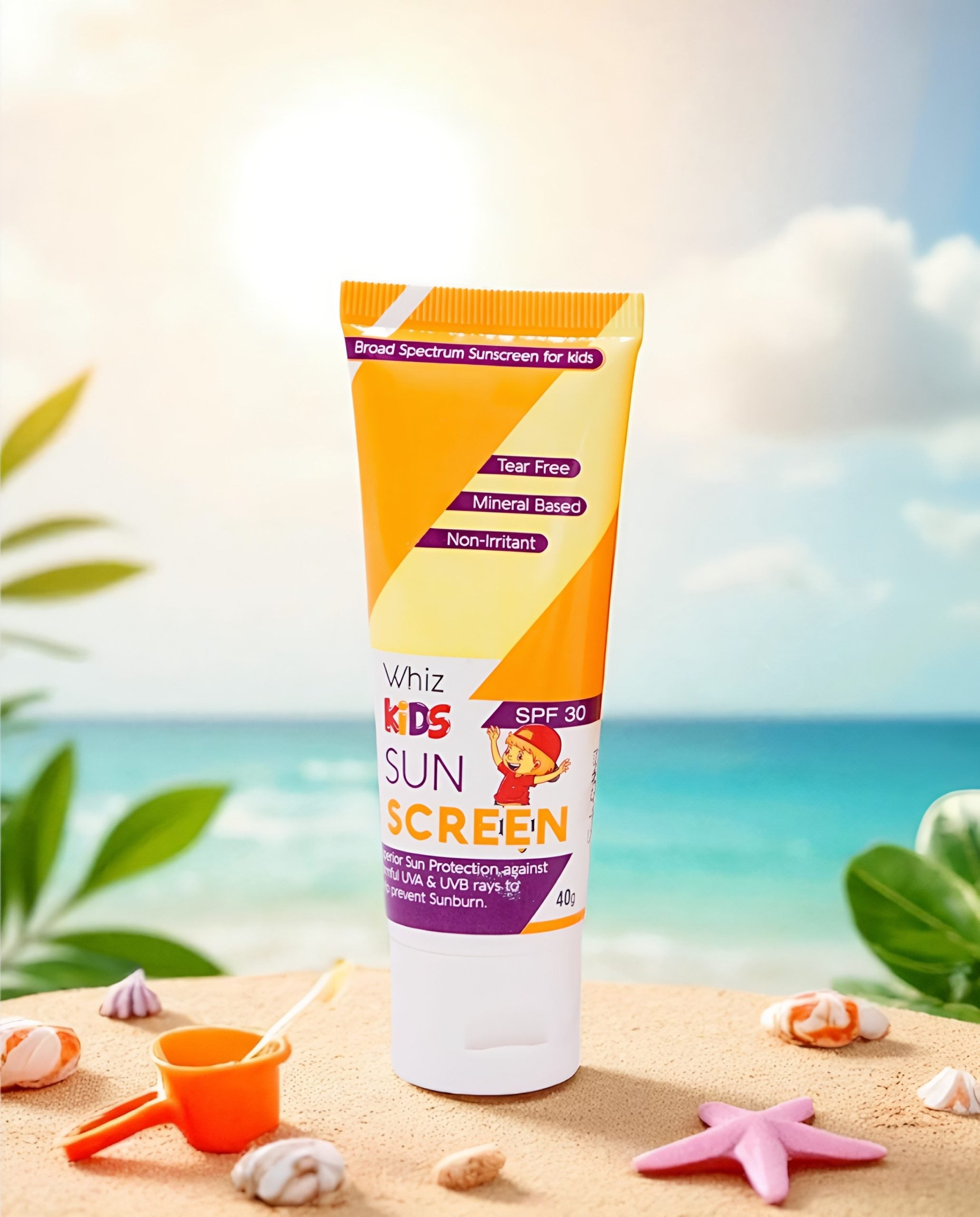 Kids Sunscreen with leave and beach background