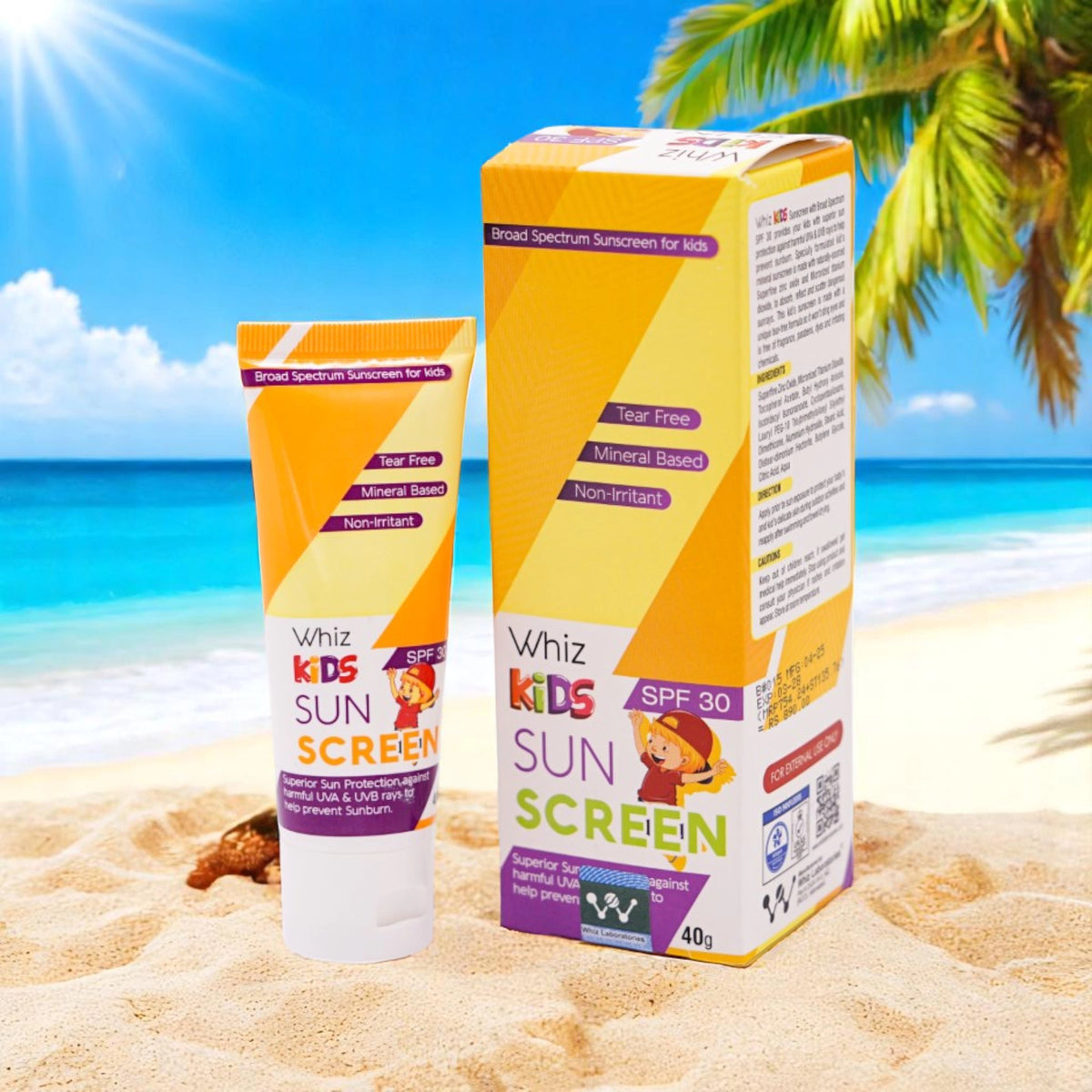 The packaging highlights 'Broad Spectrum Sunscreen for Kids', 'Tear Free', 'Mineral Based', and 'Non-irritant
