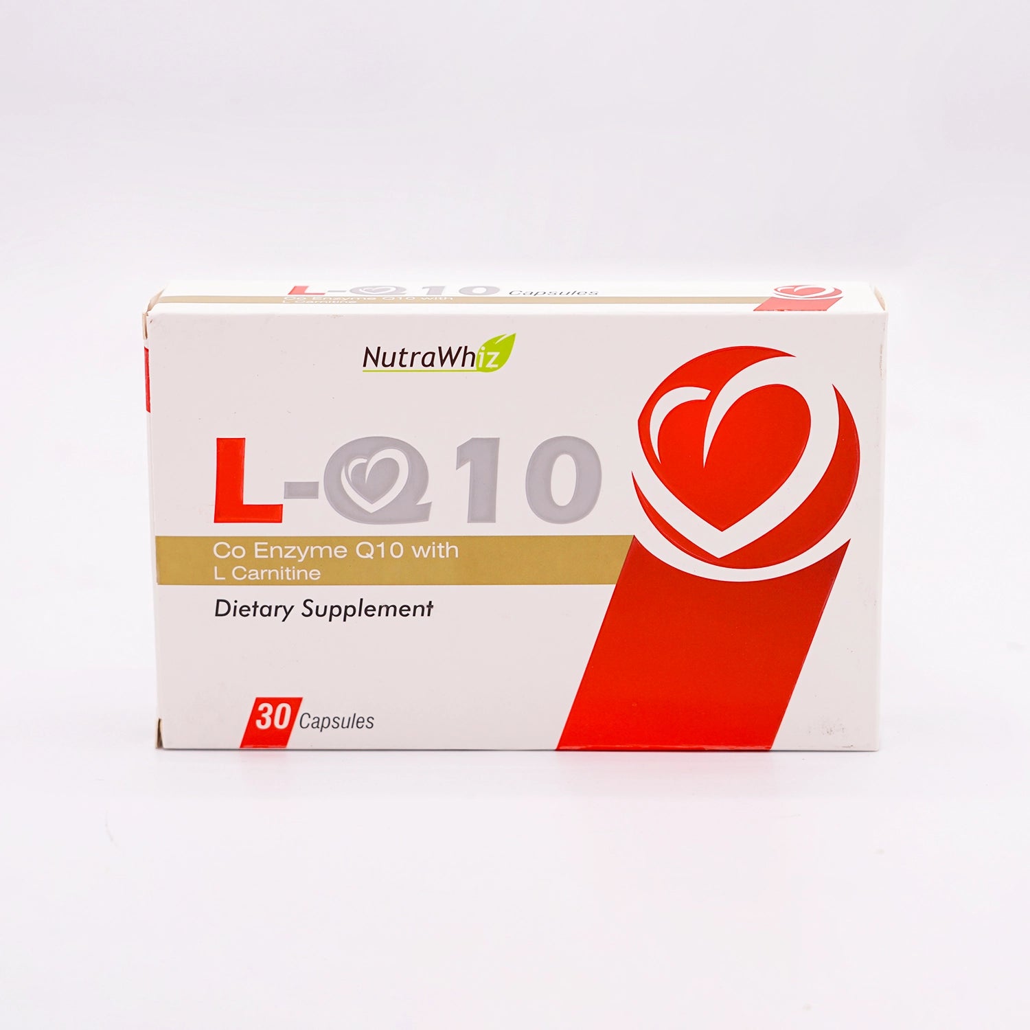 NutraWhiz L-Q10 Dietary Supplement, Co Enzyme Q10 with L Carnitine, 30 Capsules, in a white box with a prominent red heart graphic and bold black lettering, set on a white background.