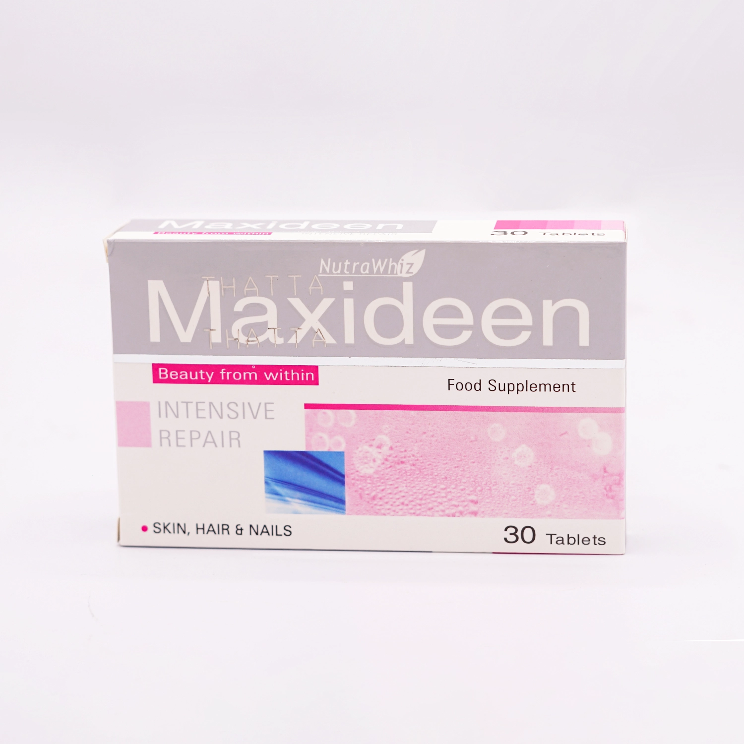 NutraWhiz Maxideen Food Supplement for Skin, Hair & Nails, Intensive Repair, 30 Tablets, in a grey and pink box featuring a blue and pink abstract graphic, set on a white background.