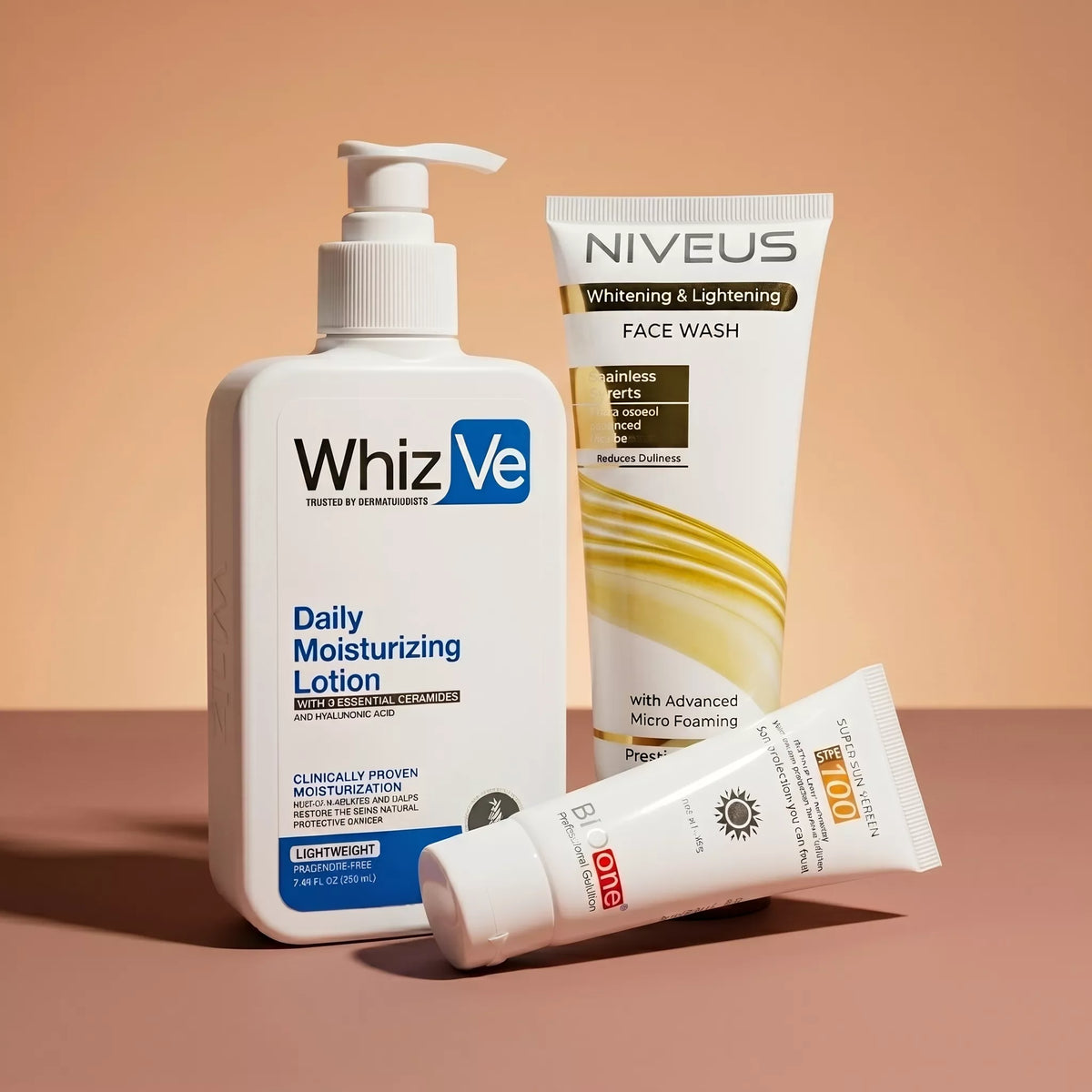 Whiz Men's Skincare Kit featuring WhizVe Daily Moisturizing Lotion, Niveus Face Wash, and Bio One Sunscreen.