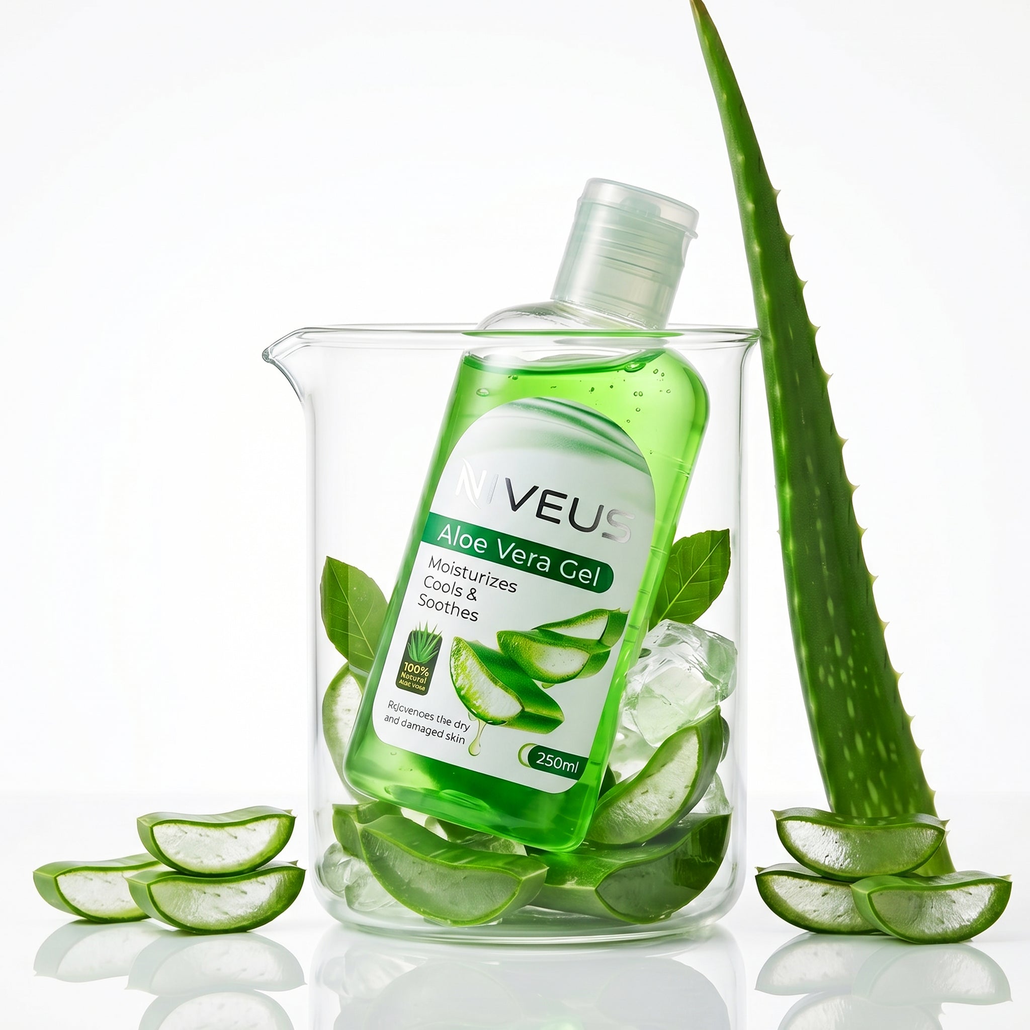 Niveus Aloe Vera Gel bottle in a glass beaker with fresh aloe vera leaves and ice cubes