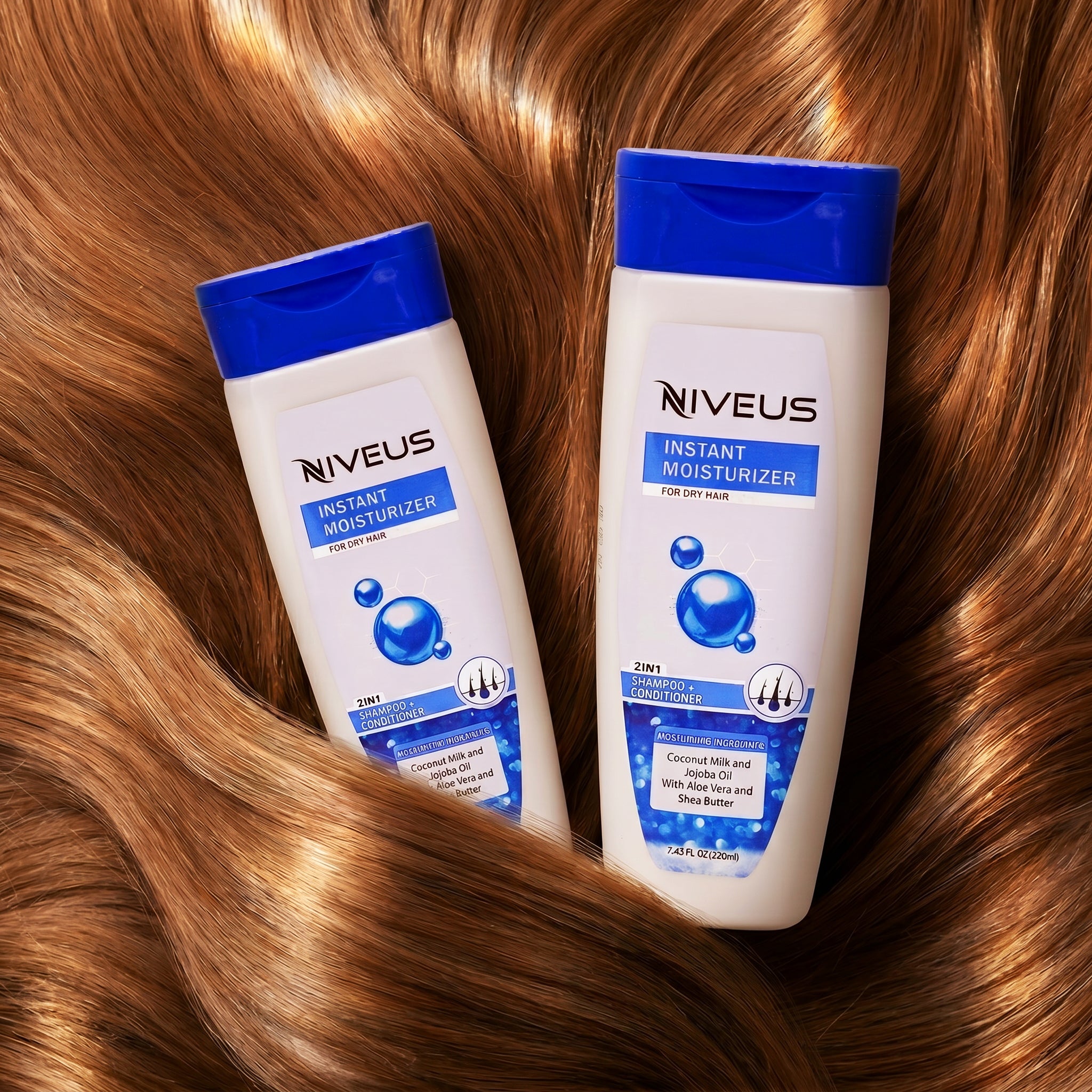 Two bottles of Niveus Instant Moisturizer 2-in-1 Shampoo Plus Conditioner resting on smooth, shiny brown hair