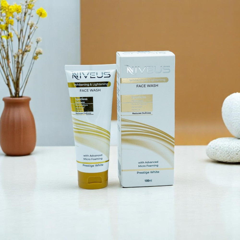 Niveus Whitening & Lightening Face Wash, 100ml white and gold tube and its matching white and gold box