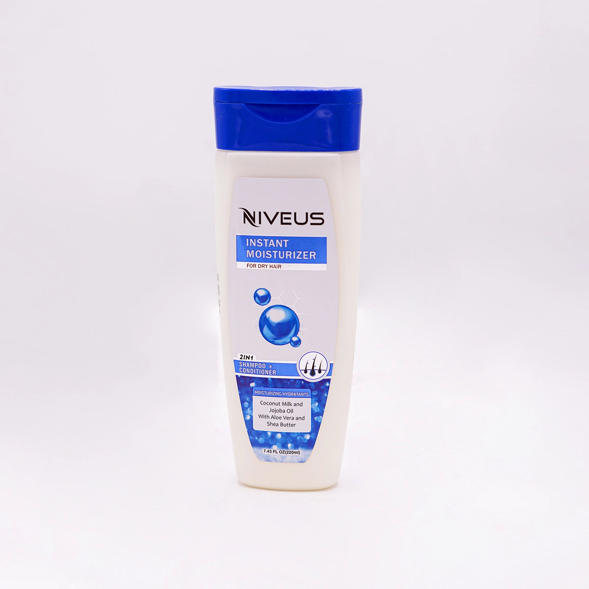 Niveus Instant Moisturizer 2-in-1 Shampoo + Conditioner for Dry Hair, 200ml, with Coconut Milk and Jojoba Oil, Aloe Vera and Shea Butter, in a white bottle with a blue cap and blue and white label .