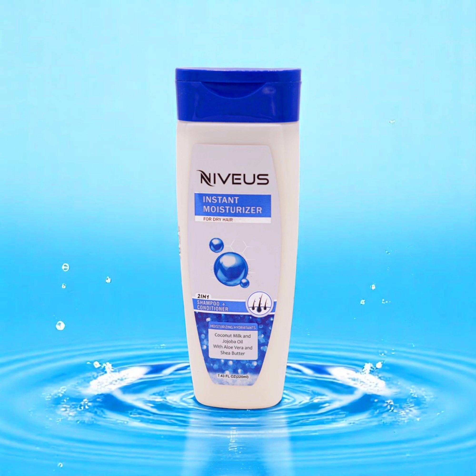 Niveus Instant Moisturizer 2-in-1 Shampoo & Conditioner, white bottle with a blue flip-top cap and a blue and white label, featuring a graphic of water droplets and hair strands