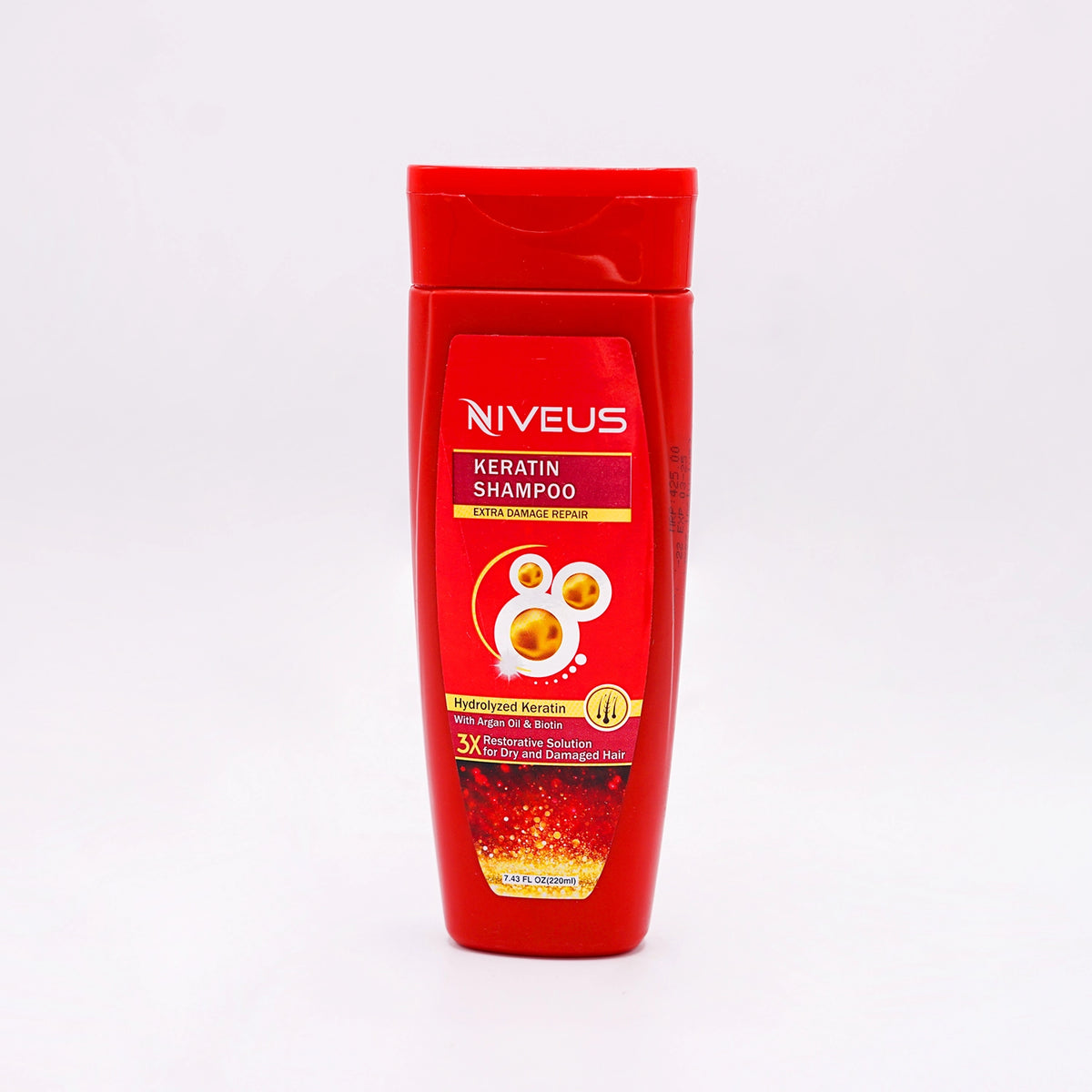 Niveus Keratin Shampoo for Keratin Damage Repair, 200ml, in a red bottle with a red and gold label featuring three golden circles.