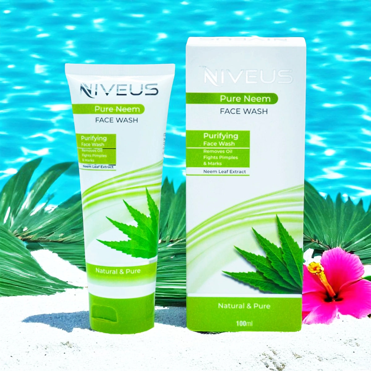 Niveus Pure Neem Face Wash, a purifying formula with neem leaf extract, designed to remove oil and fight pimples and marks for clearer skin.