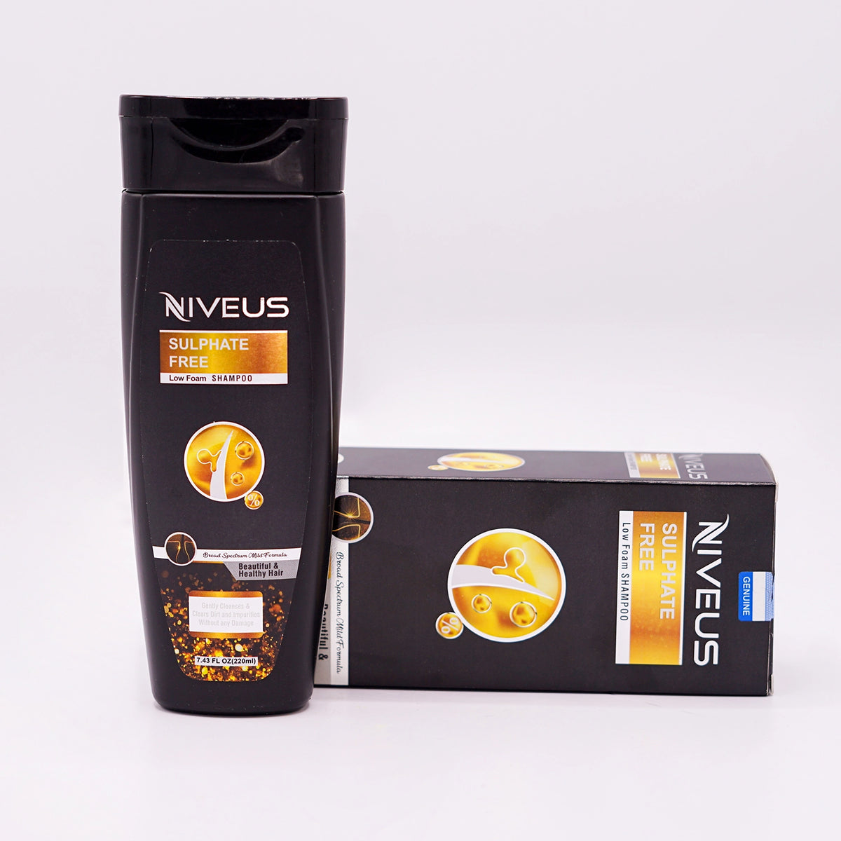 Niveus Sulphate-Free Low Foam Shampoo, designed to gently cleanse and condition dry and damaged hair for beautiful, healthy, nourished, and moisturized hair with long-lasting shine and softness.