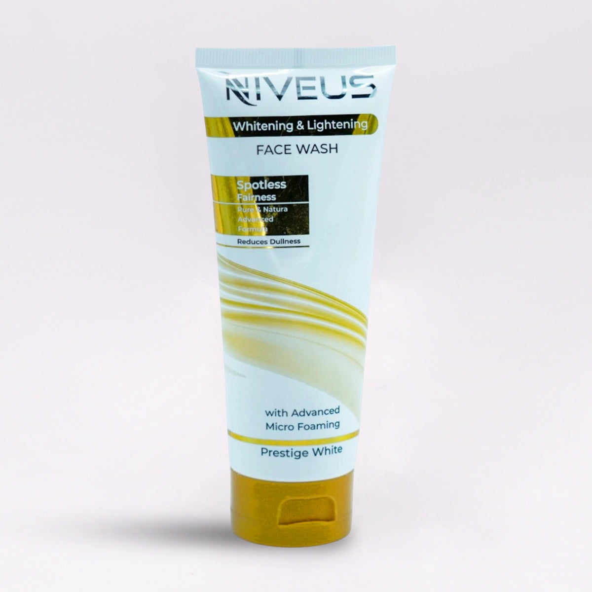 Niveus Whitening & Lightening Face Wash, white tube with a gold cap and its matching white and gold box.