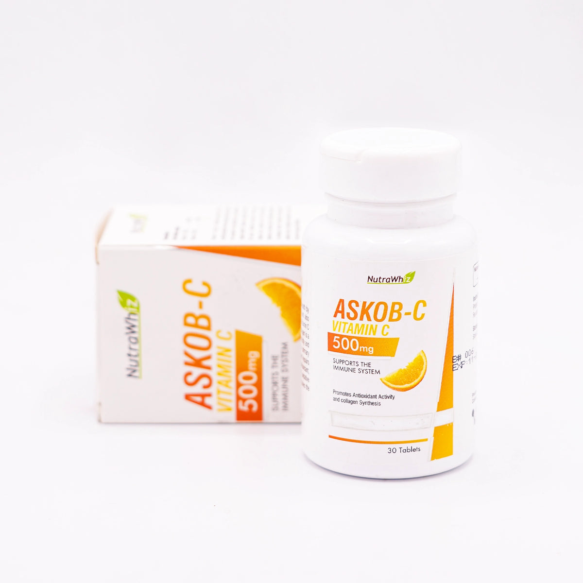 Askob-C Vitamin C 500mg tablets, which support the immune system and promote antioxidant activity and collagen synthesis.