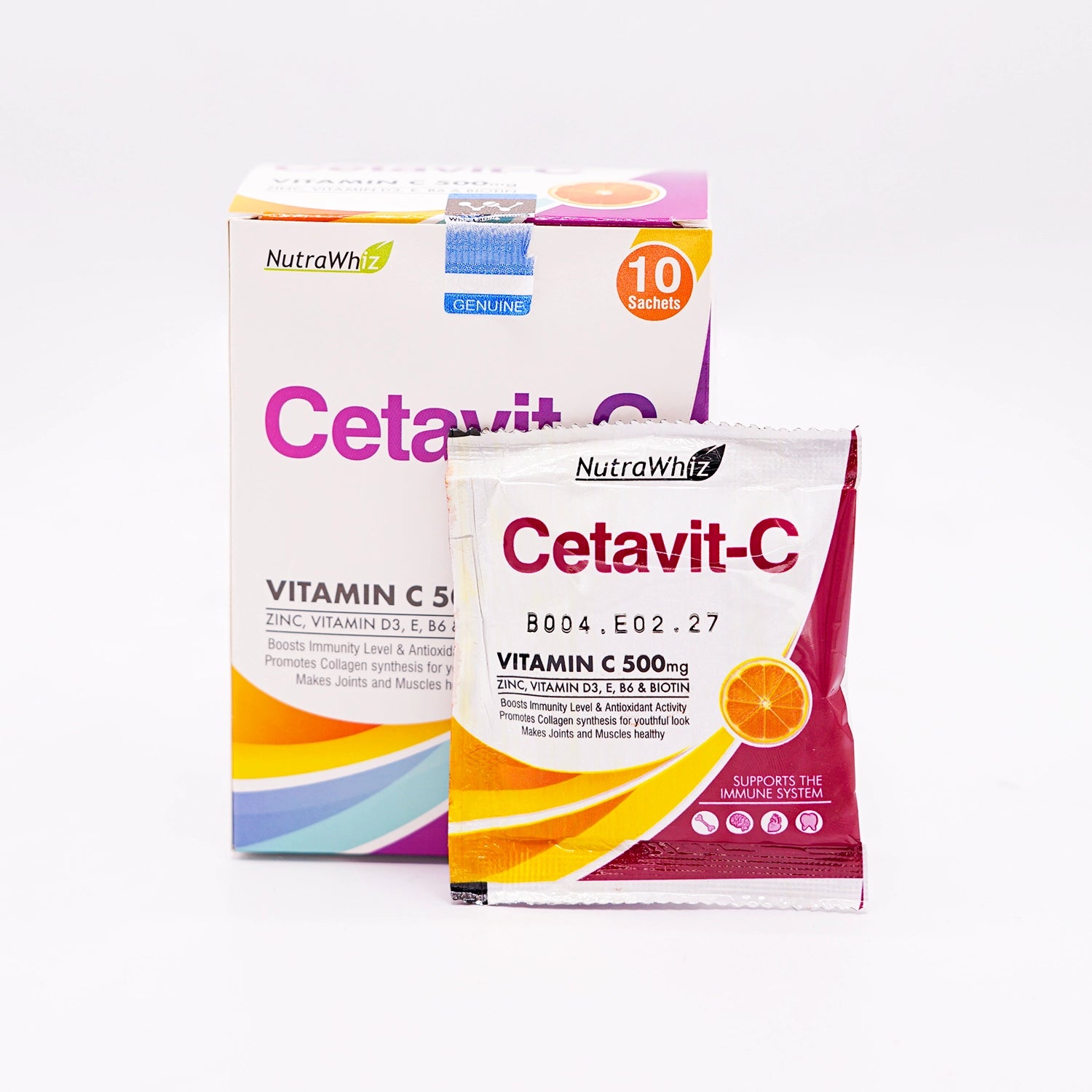 NutraWhiz Cetavit-C Vitamin C 500mg, with Zinc, Vitamin D3, E, & B6, 10 Sachets, in a purple and orange box, with one individual sachet in front.