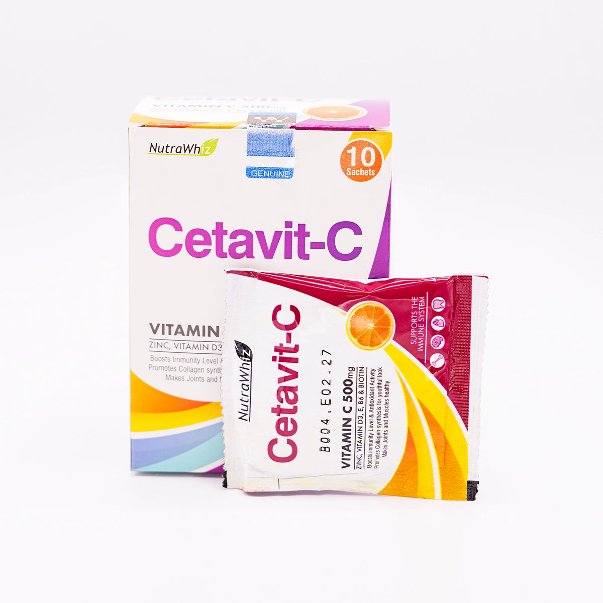 Cetavit-C Vitamin C 500mg sachets, fortified with Zinc, Vitamin D3, E, & B6, designed to boost immunity, provide antioxidant activity, promote collagen synthesis for youthful skin, and make joints and muscles healthy.