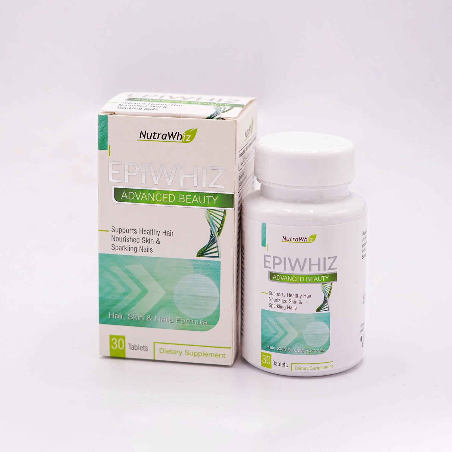 NutraWhiz Epiwhiz Advanced Beauty 30 tablets, in a white bottle and its matching white and green box featuring a DNA strand graphic, set on a wooden table with a white cloth and a blurred green plant in the background.