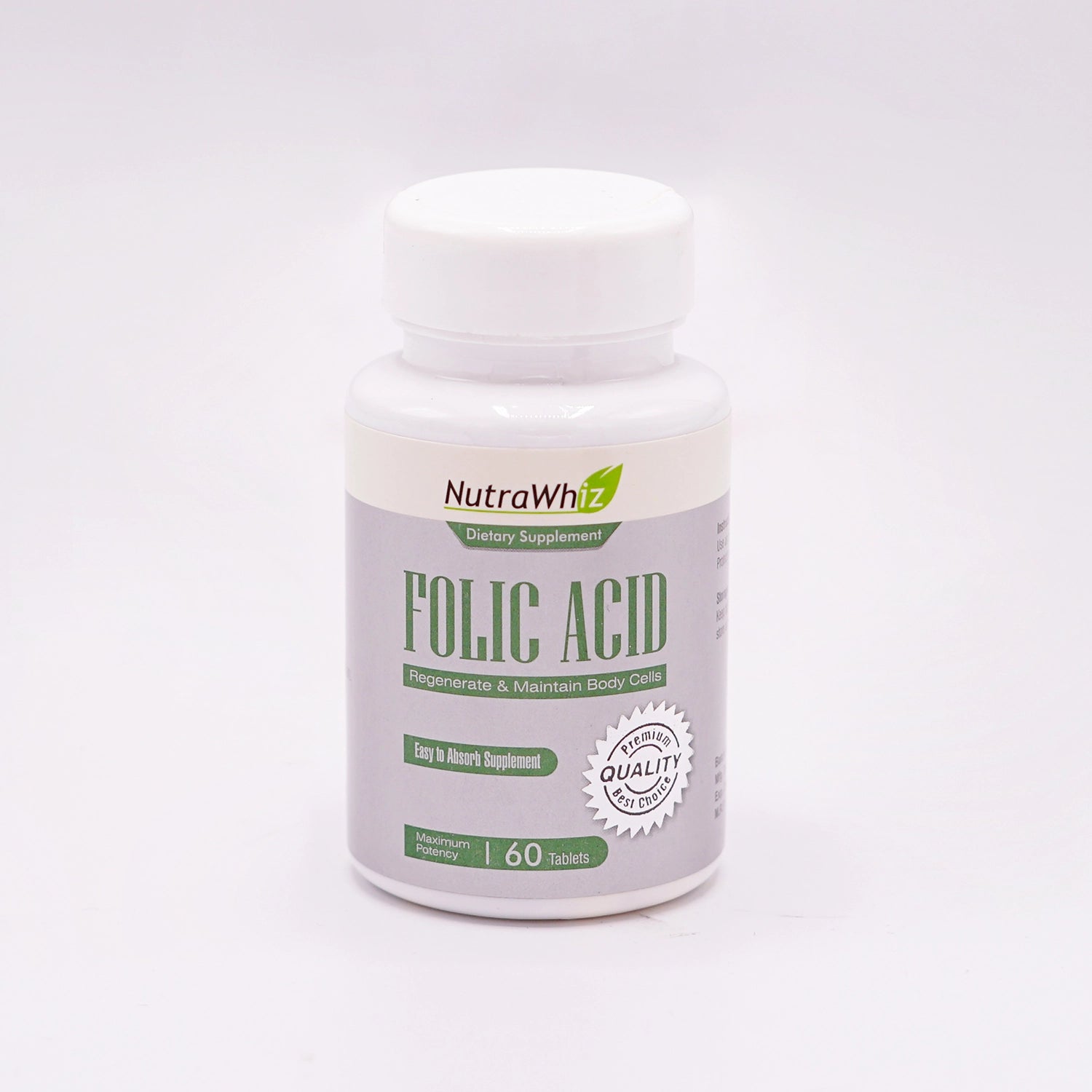 NutraWhiz Folic Acid Dietary Supplement, 60 Tablets, in a white bottle with a white cap and a green and white label featuring a 'Premium Quality, Best Choice' seal, set on a white background.