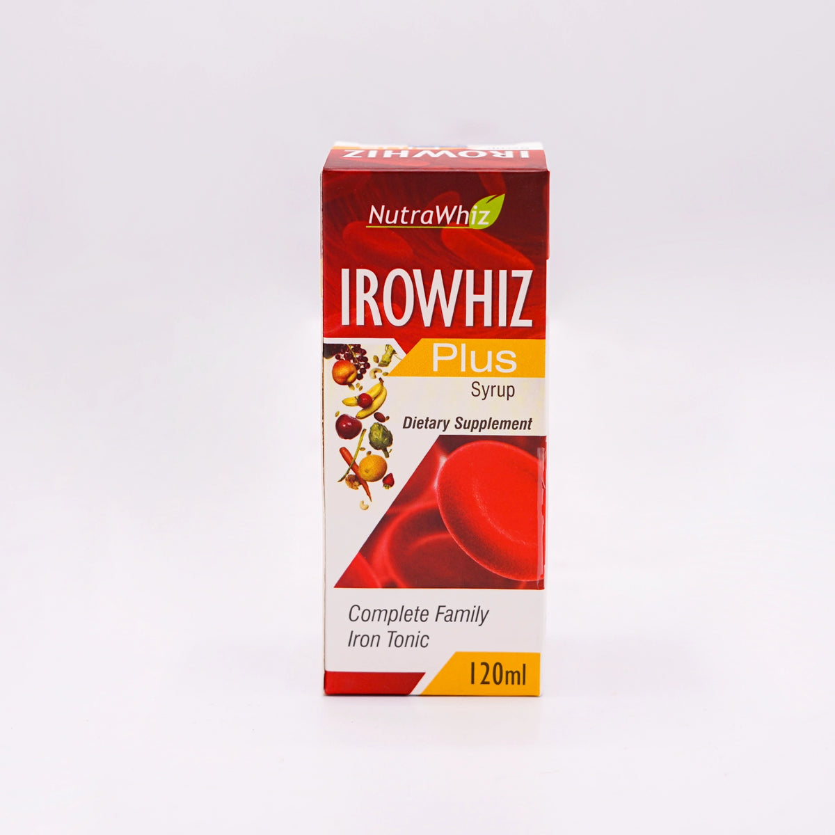 NutraWhiz Irowhiz Plus Syrup Dietary Supplement, a Complete Family Iron Tonic, 120ml, in a red and white box featuring fruit graphics and red blood cells, set on a white background.