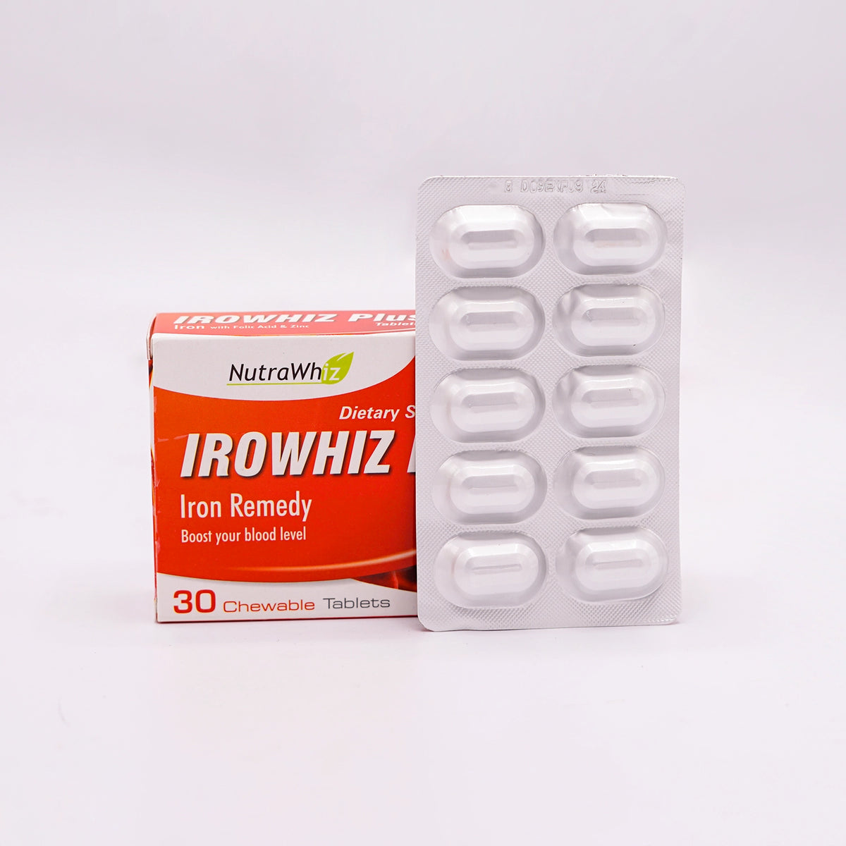 NutraWhiz Irowhiz Plus Dietary Supplement Iron Remedy, 30 Chewable Tablets, in a white and orange box and a silver blister pack containing 10 tablets