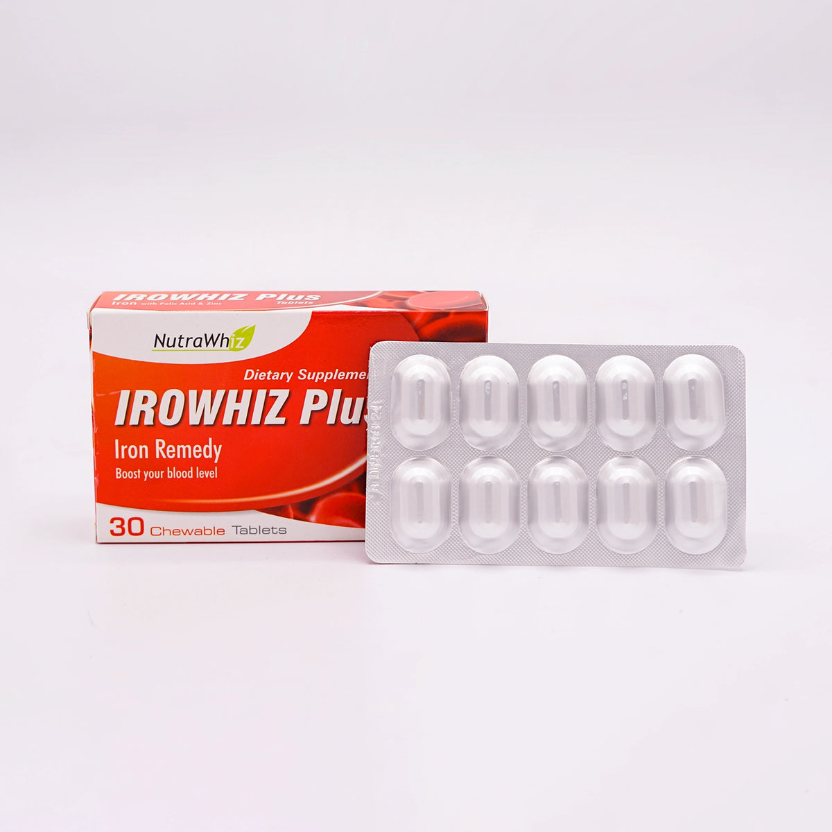 NutraWhiz Irowhiz Plus Dietary Supplement Iron Remedy, 30 Chewable Tablets. Irowhiz Plus Chewable Tablets, an iron remedy dietary supplement with iron, folic acid, and zinc, designed to boost your blood level