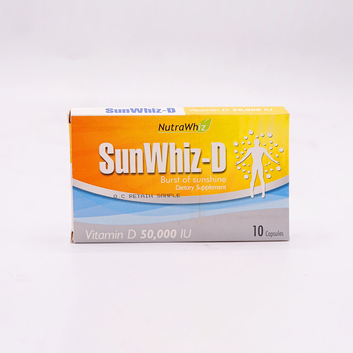 NutraWhiz SunWhiz-D Dietary Supplement Vitamin D 50,000 IU, in a white and orange box and a silver blister pack containing 10 capsules