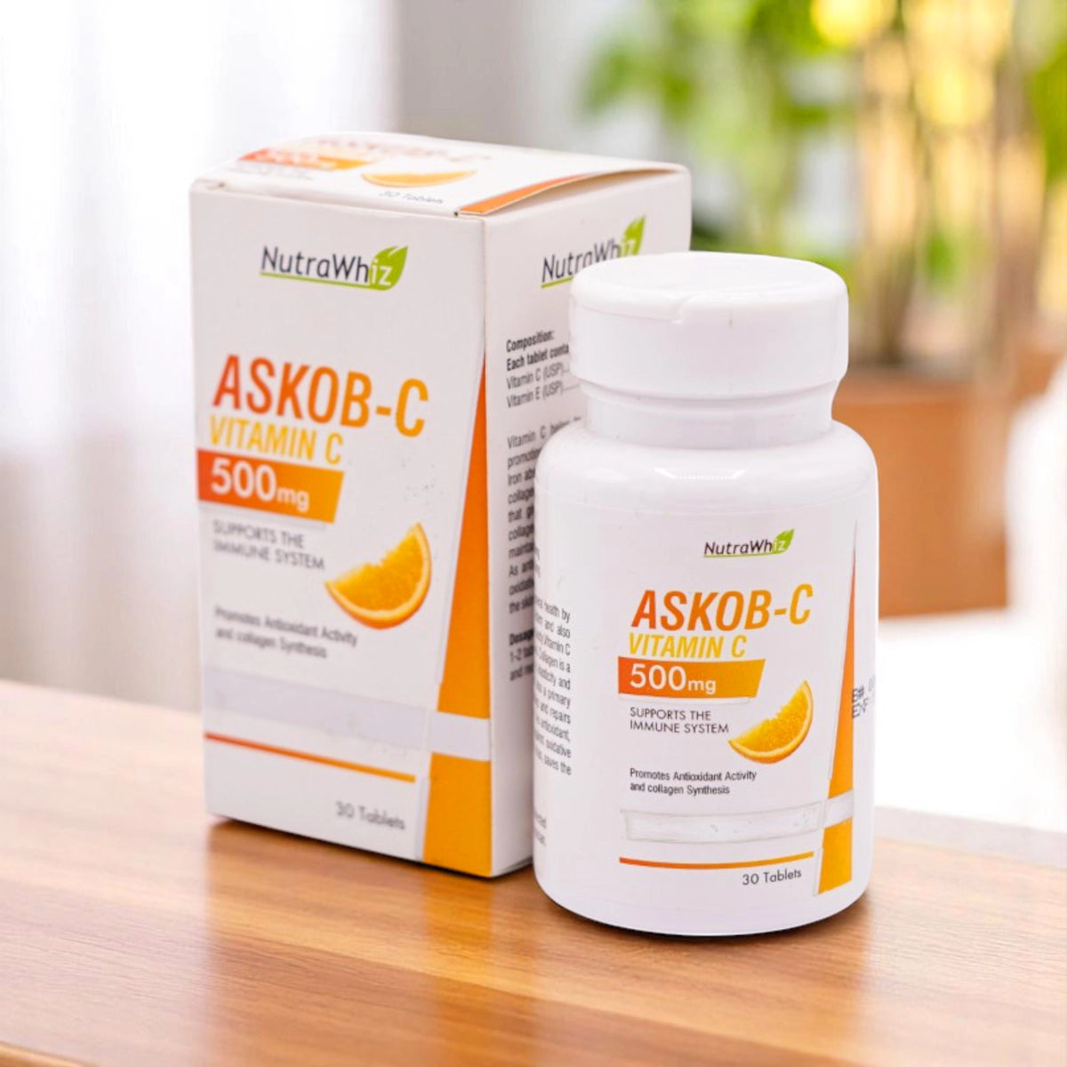 Nutrawhiz Askob-C Vitamin C 500mg tablets, in a white bottle and its matching white and orange box