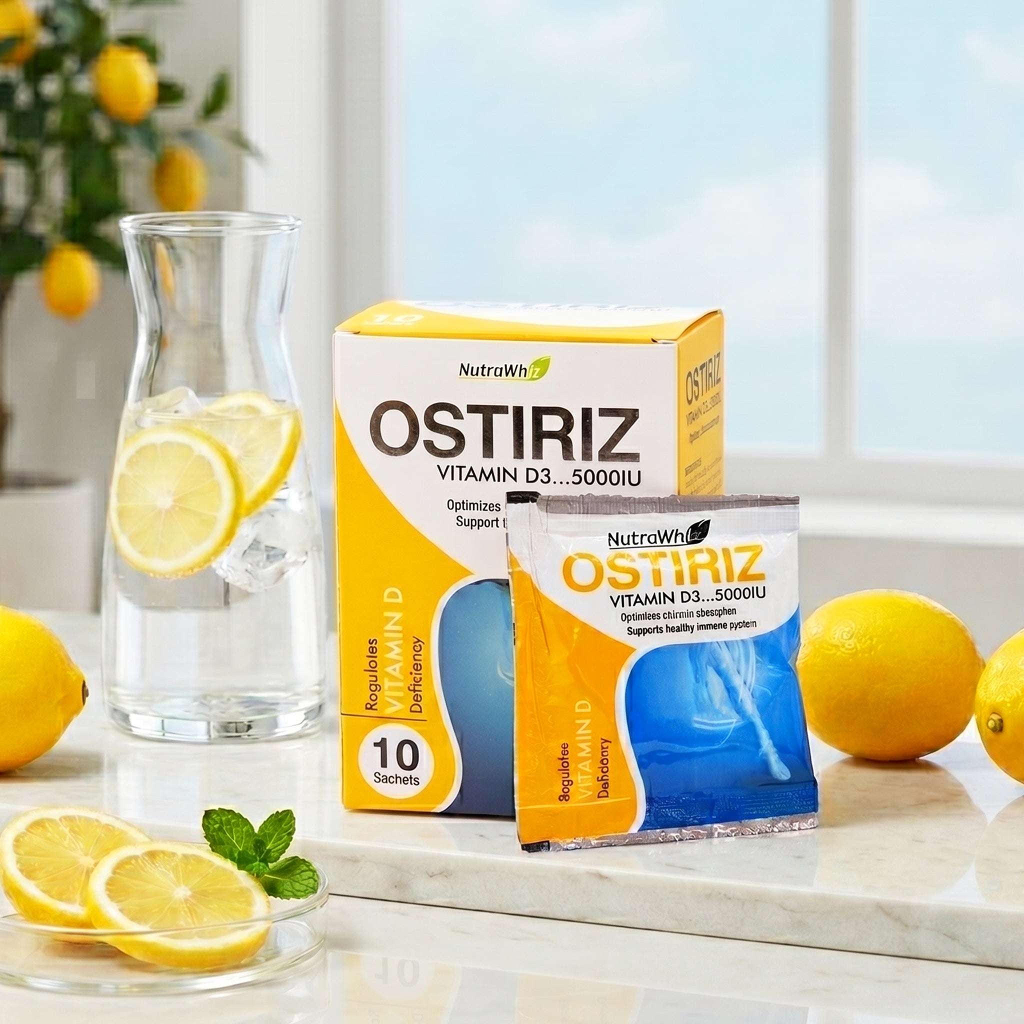 Ostiriz Vitamin D3 5000IU sachet and packaging box on a marble counter with fresh lemons and water