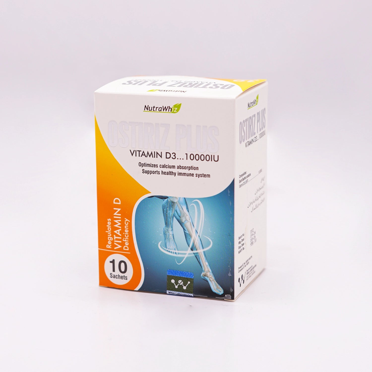 NutraWhiz Ostiriz Plus Vitamin D3 10000IU, 10 Sachets, in a white and orange box.