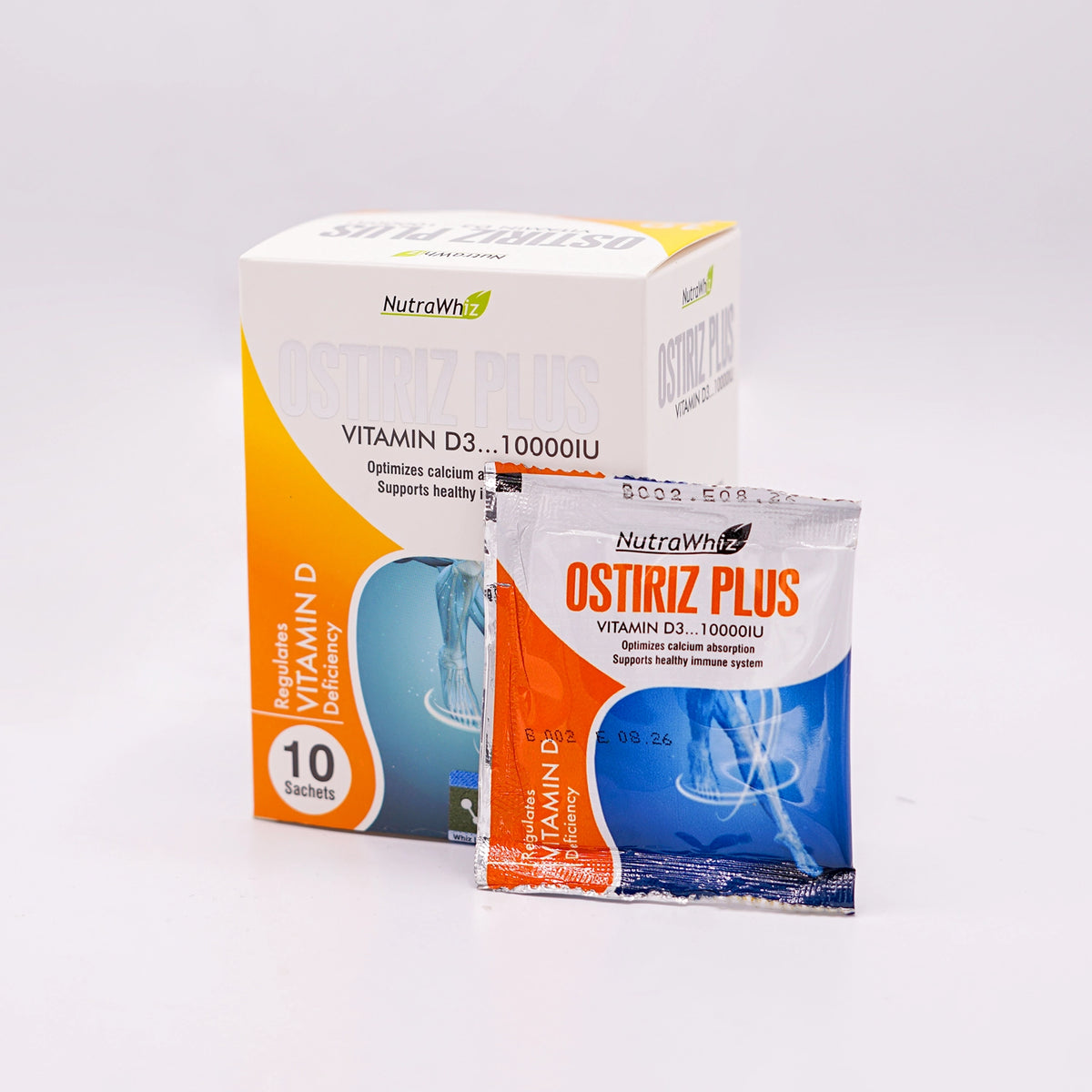 Nutra Whiz Ostiriz Plus Vitamin D3 10000IU, 10 Sachets, in a white and orange box, with one individual sachet in front.