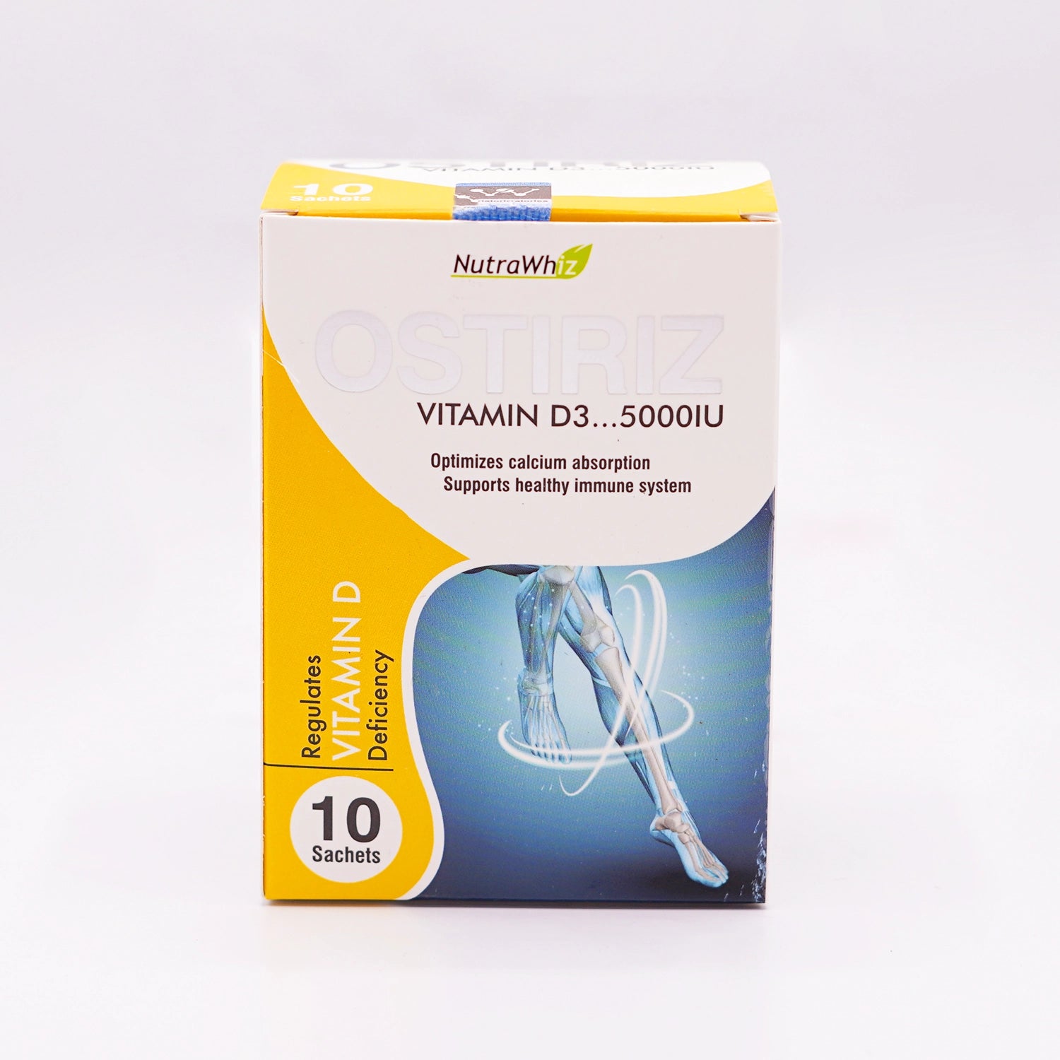 Nutra Whiz Ostiriz Vitamin D3 5000IU, 10 Sachets, in a white and yellow box.