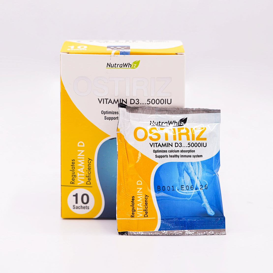 NutraWhiz Ostiriz Vitamin D3 5000IU, 10 Sachets, in a white and yellow box, with one individual sachet in front.