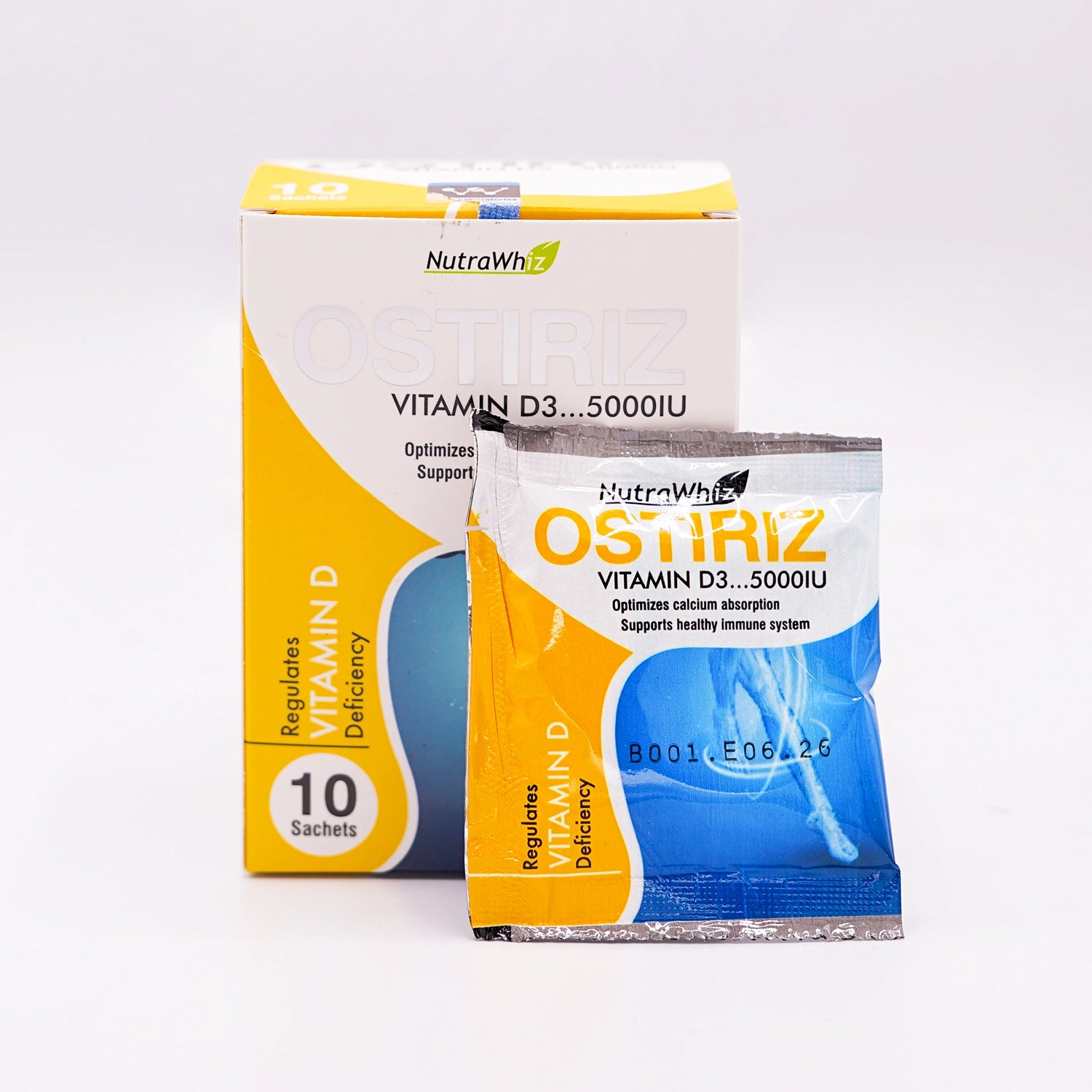 NutraWhiz Ostiriz Vitamin D3 5000IU, 10 Sachets, in a white and yellow box, with one individual sachet in front.