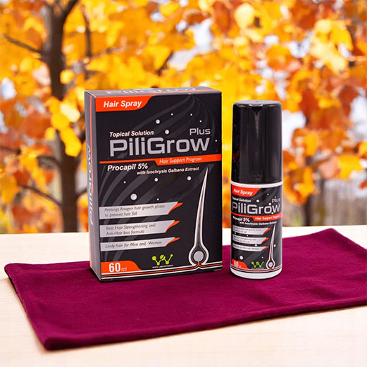 PiliGrow Plus Hair Spray with Procapil 5% and Isochrysis Galbana Extract, 60ml bottle and its black and orange box.