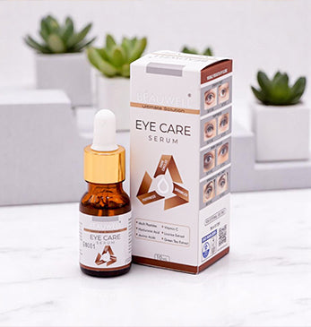 Beauwell Eye Care Serum dropper bottle, and its white and brown box.