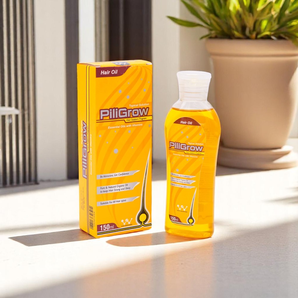 PiliGrow Hair Oil, designed to stimulate new hair growth, prevent hair fall, and provide a nourished, shiny appearance.