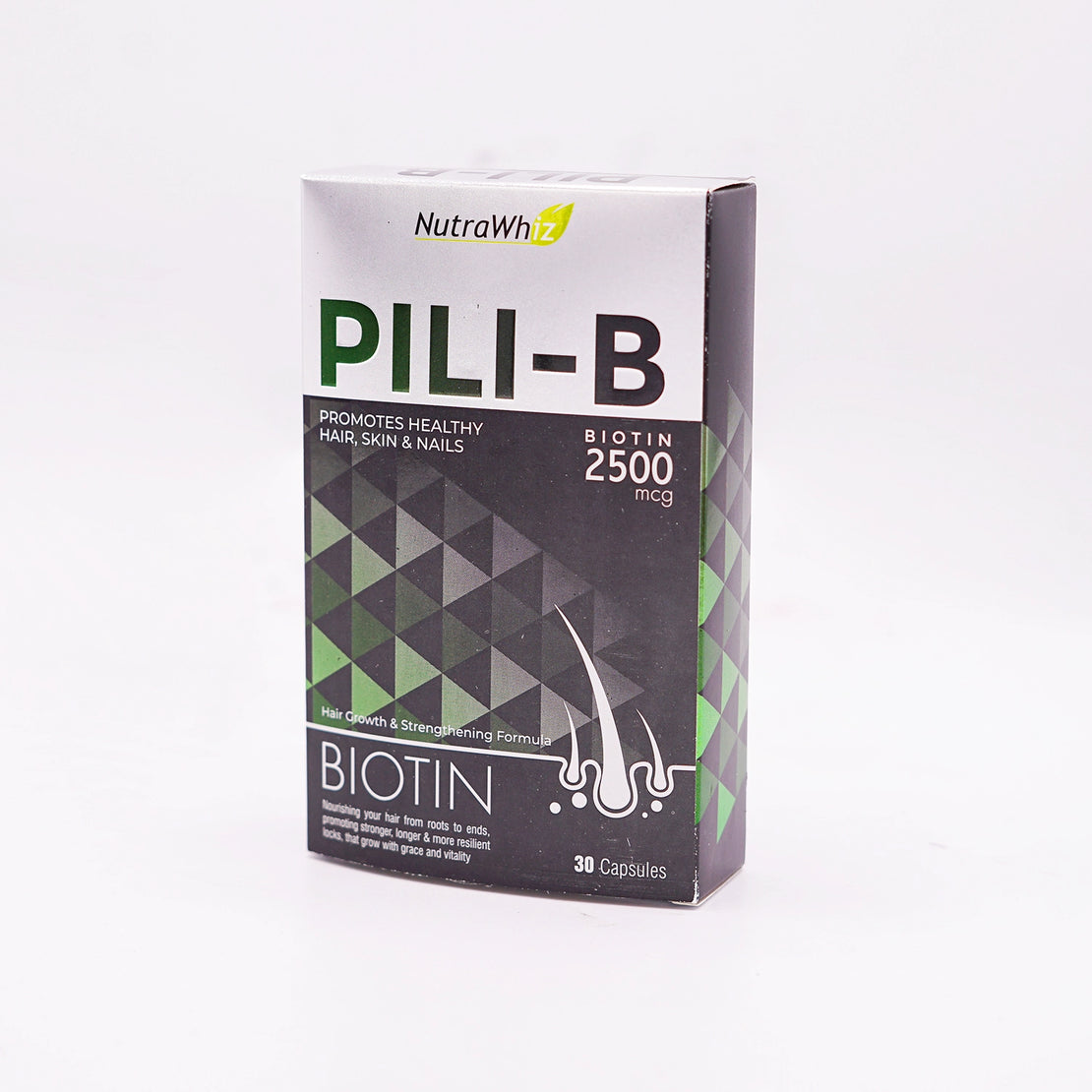 NutraWhiz Pili-B Biotin 2500 mcg, 30 Capsules, in a black and green box featuring a hair growth and strengthening formula.