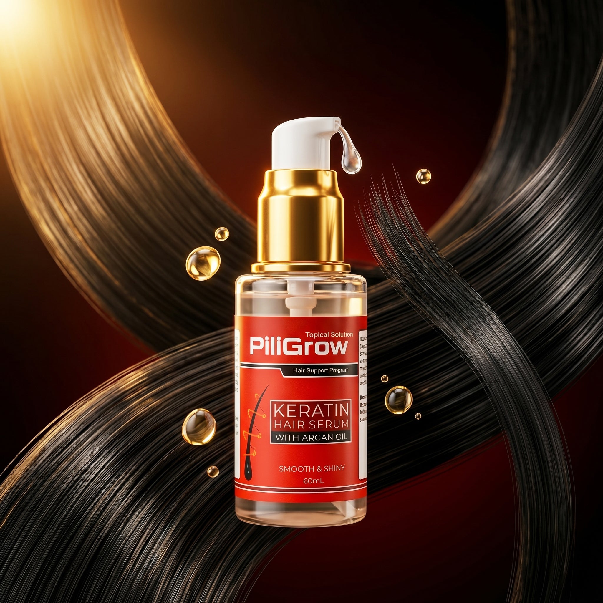 Piligrow Keratin Hair Serum with Argan Oil bottle displayed with flowing dark hair and golden serum droplets
