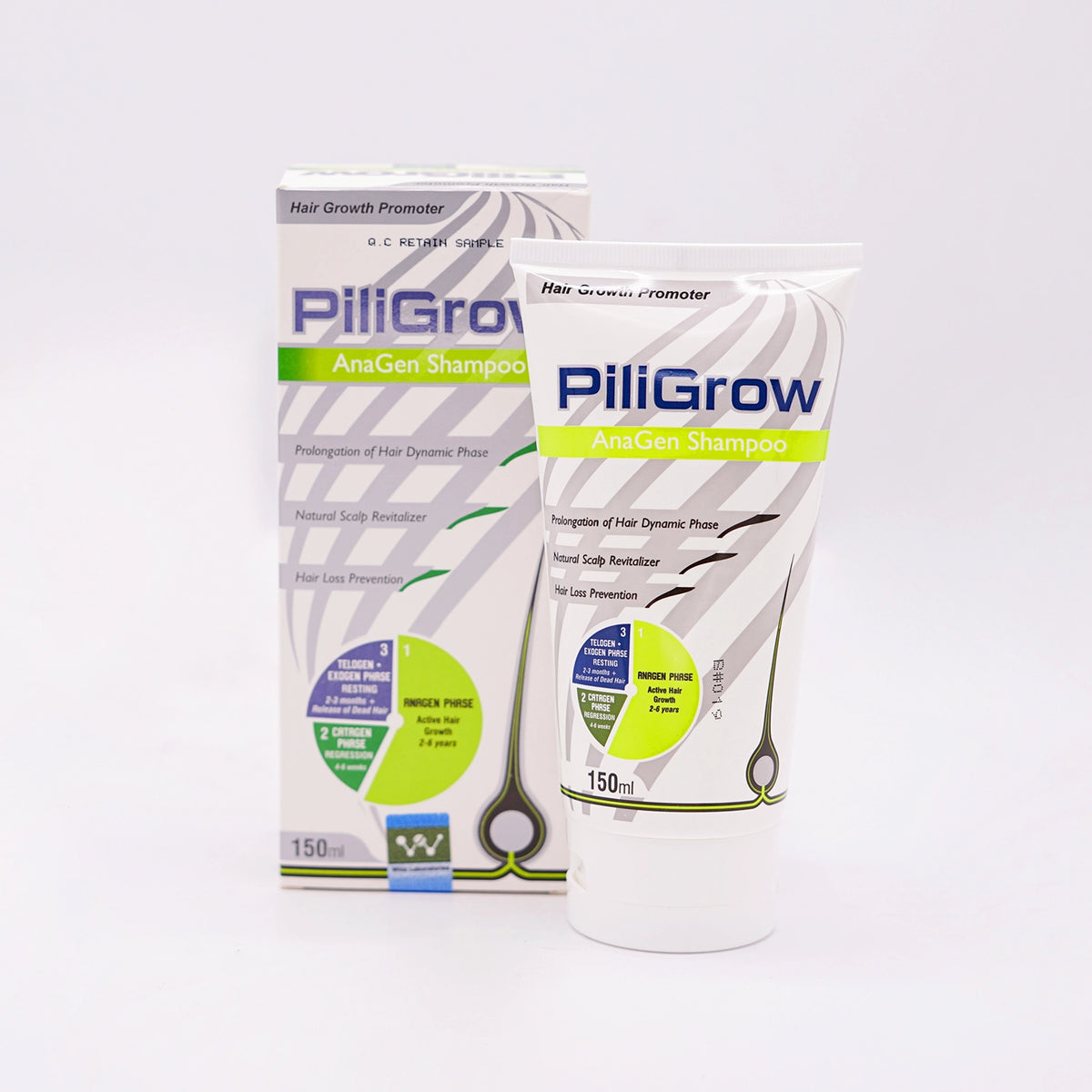 PiliGrow AnaGen Shampoo, Hair Growth Promoter, 150ml, in a white tube with a green and white label.