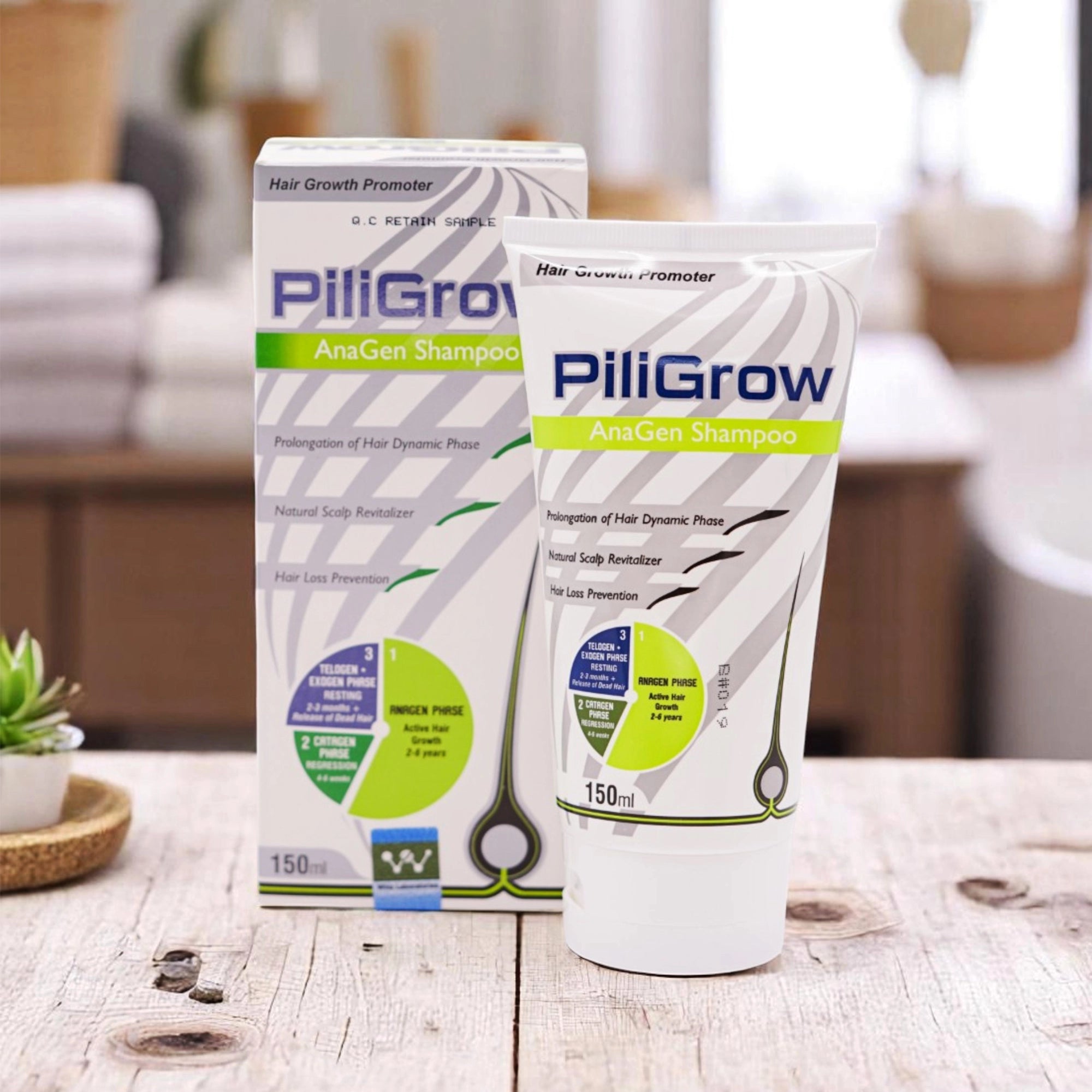 PiliGrow AnaGen Shampoo Hair Growth Promoter, 150ml white tube with a green and gray label, and its matching white and green box