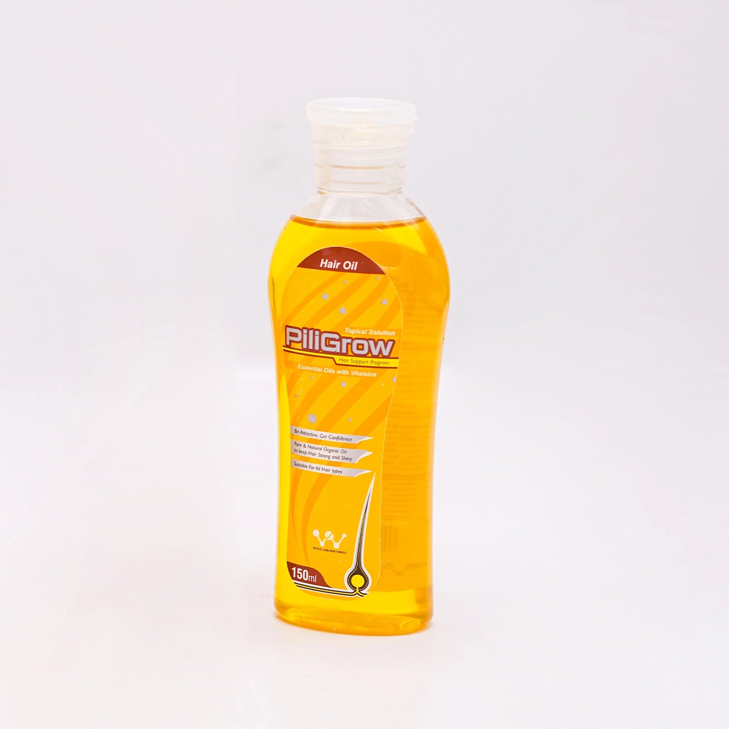 PiliGrow Hair Oil, a topical solution with essential oils and vitamins for stronger, longer, and thicker hair, suitable for all hair types.