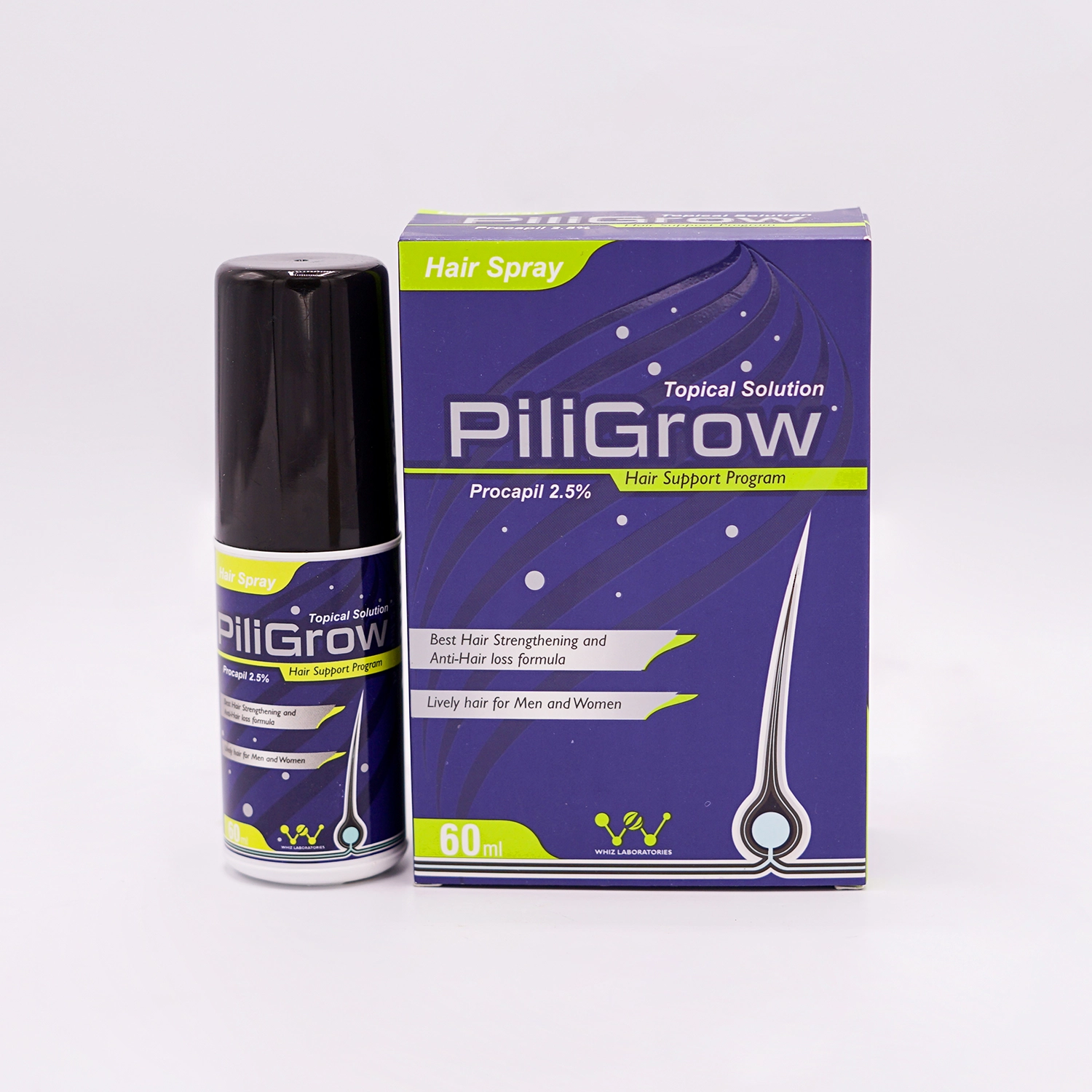 The product "Pili Grow Hair Spray" is a topical solution from Nutra Whiz designed as a hair support program. It contains Procapil 2.5% and is described as the "Best Hair Strengthening and Anti-Hair loss formula" for men and women.