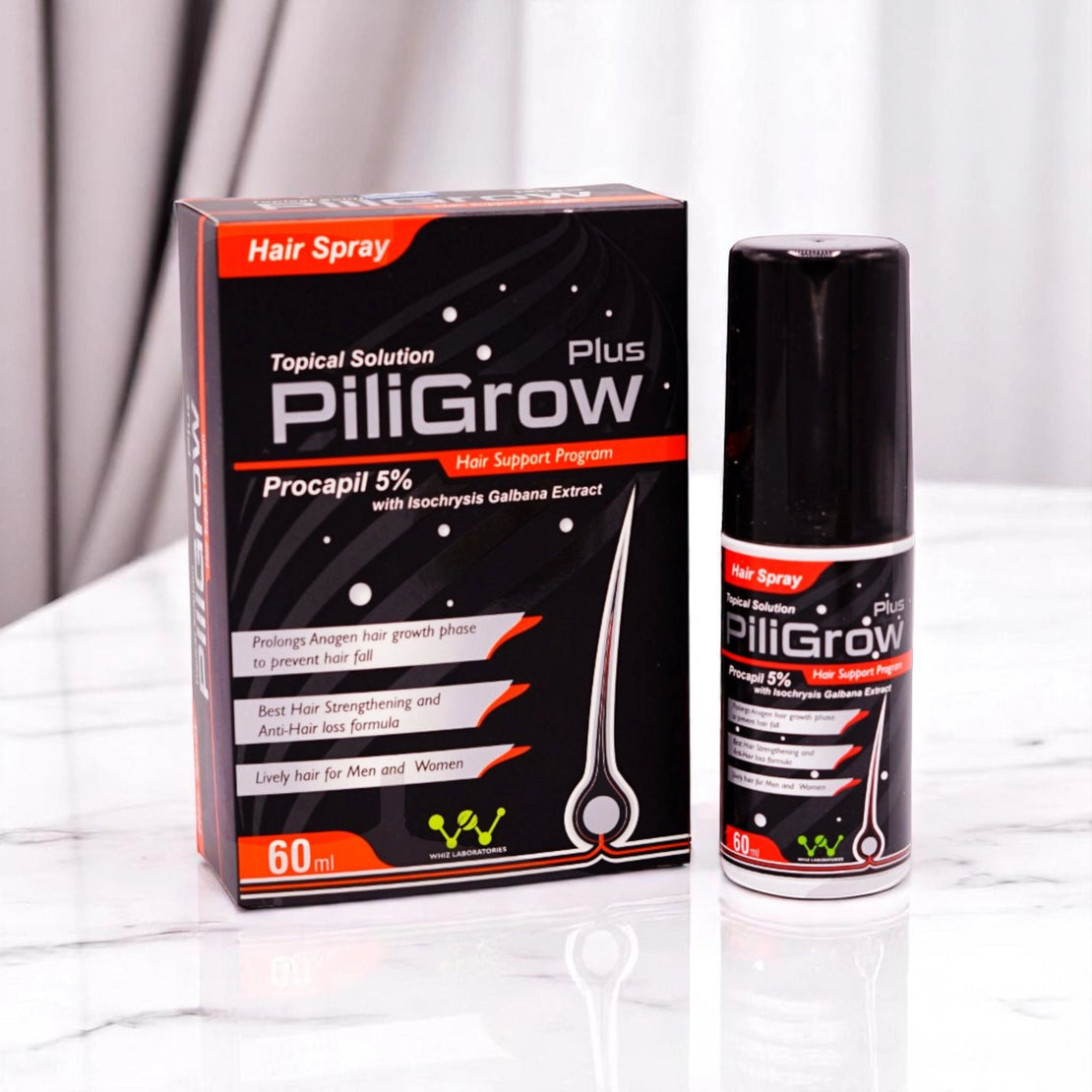 PiliGrow Hair Spray with Procapil 5%, 60ml bottle for hair support and growth.